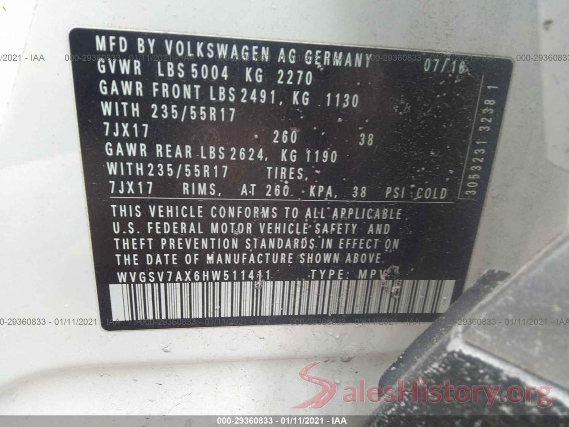 WVGSV7AX6HW511411 2017 VOLKSWAGEN TIGUAN