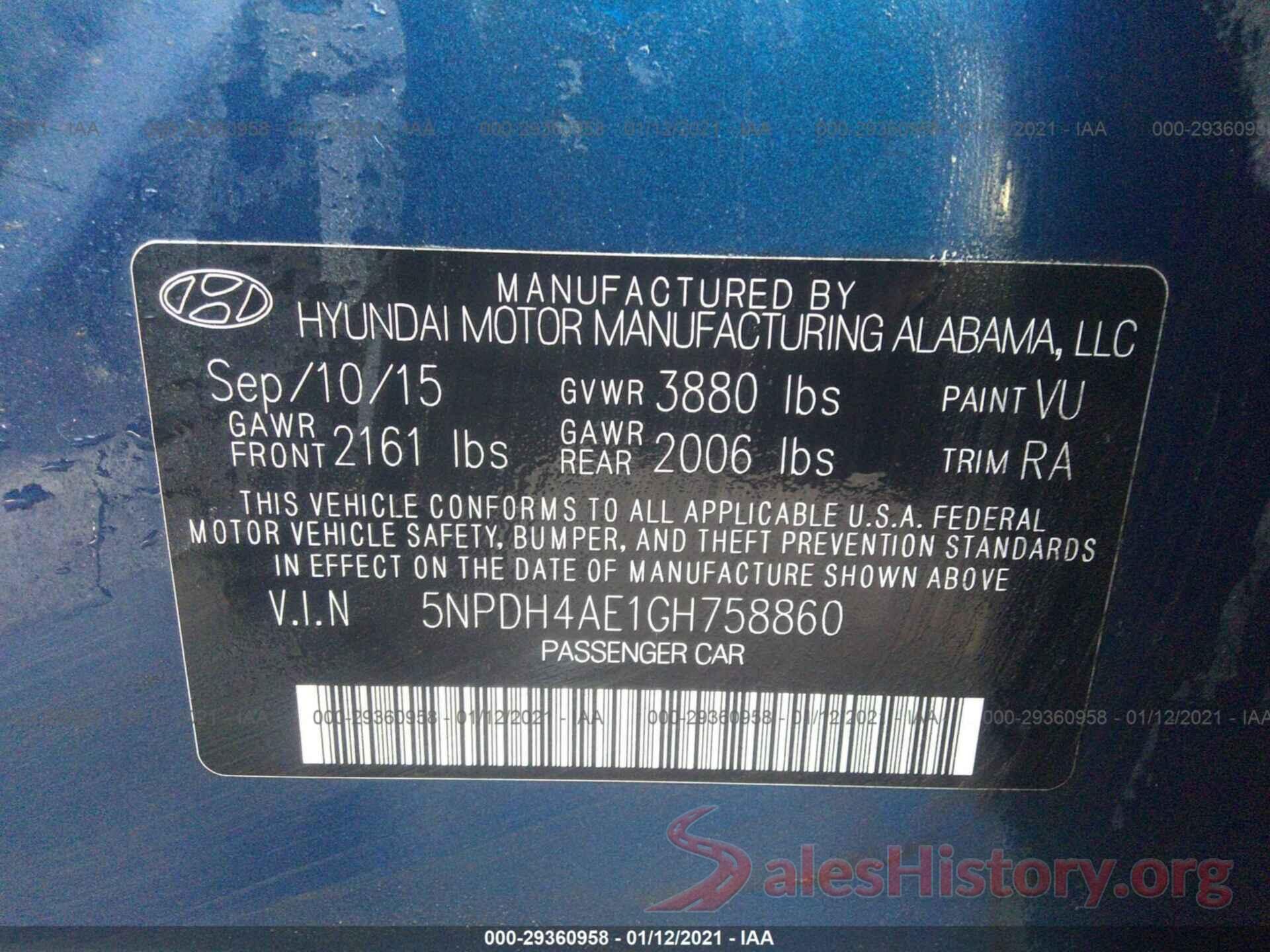 5NPDH4AE1GH758860 2016 HYUNDAI ELANTRA