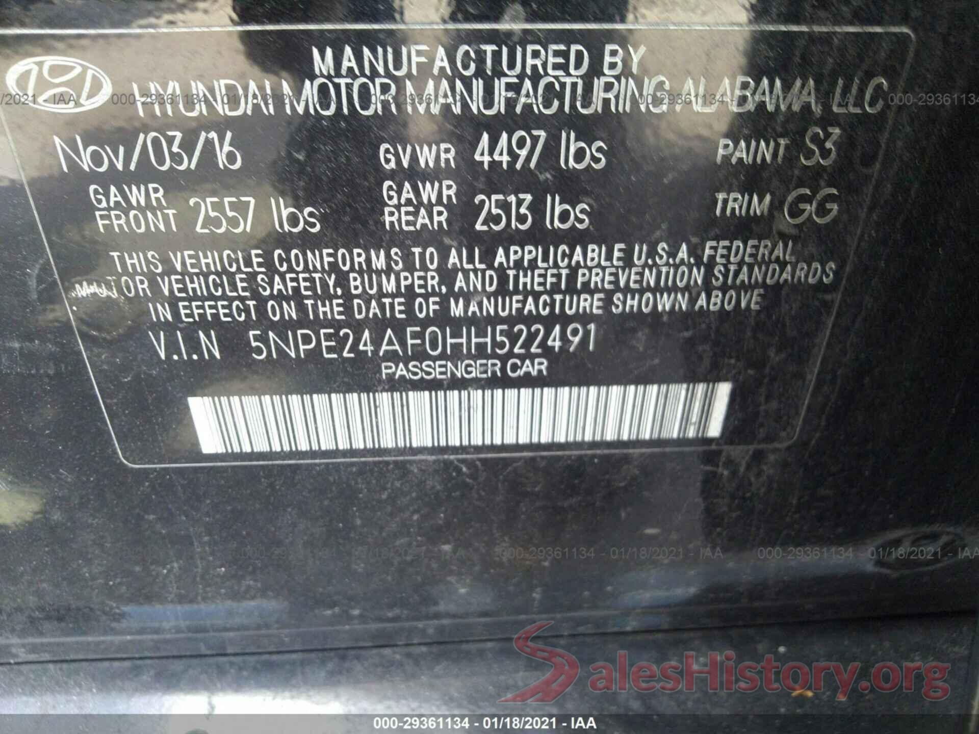 5NPE24AF0HH522491 2017 HYUNDAI SONATA