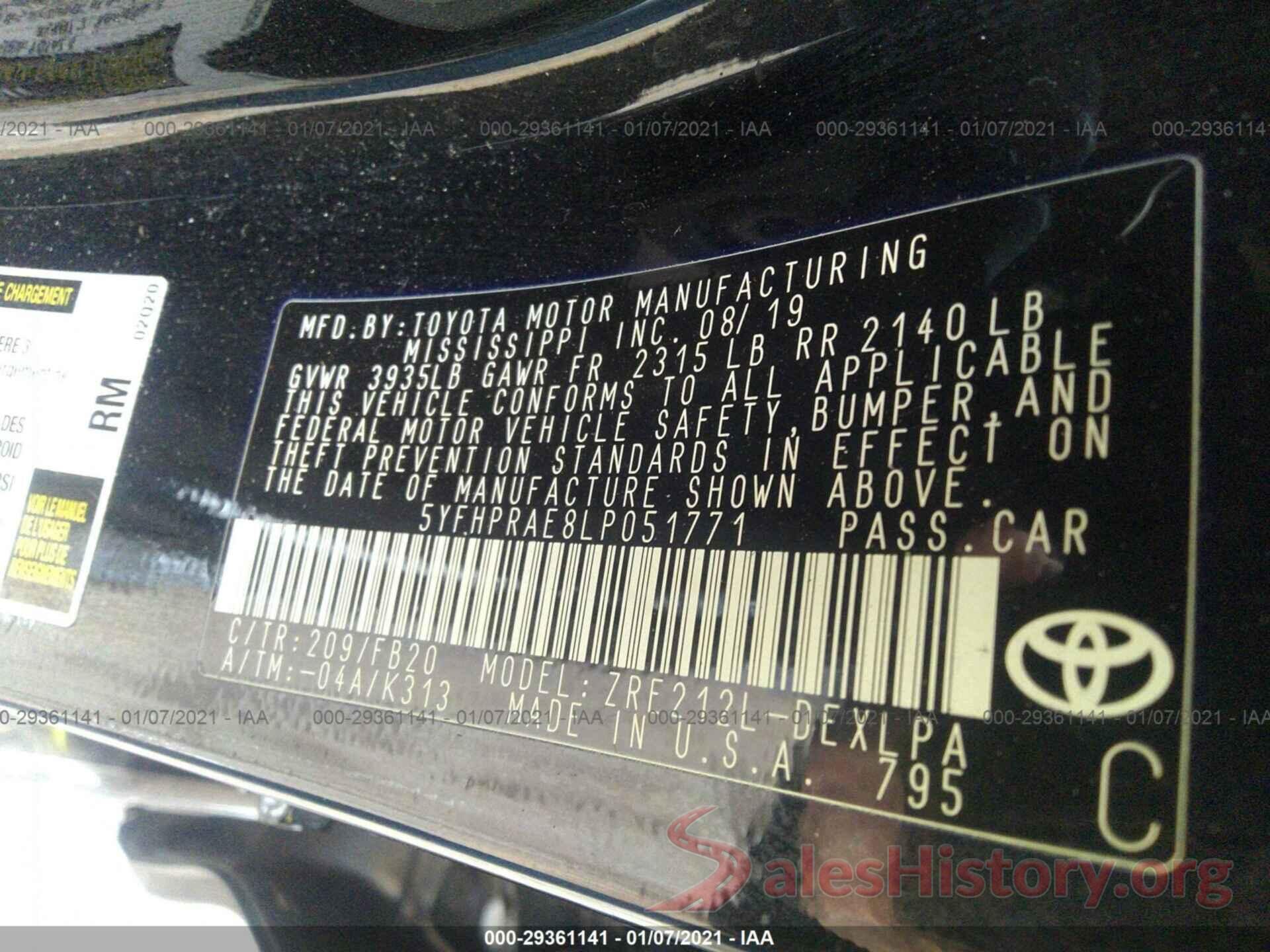 5YFHPRAE8LP051771 2020 TOYOTA COROLLA