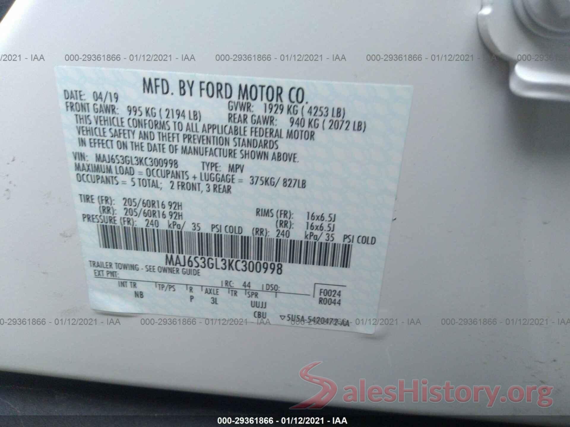 MAJ6S3GL3KC300998 2019 FORD ECOSPORT