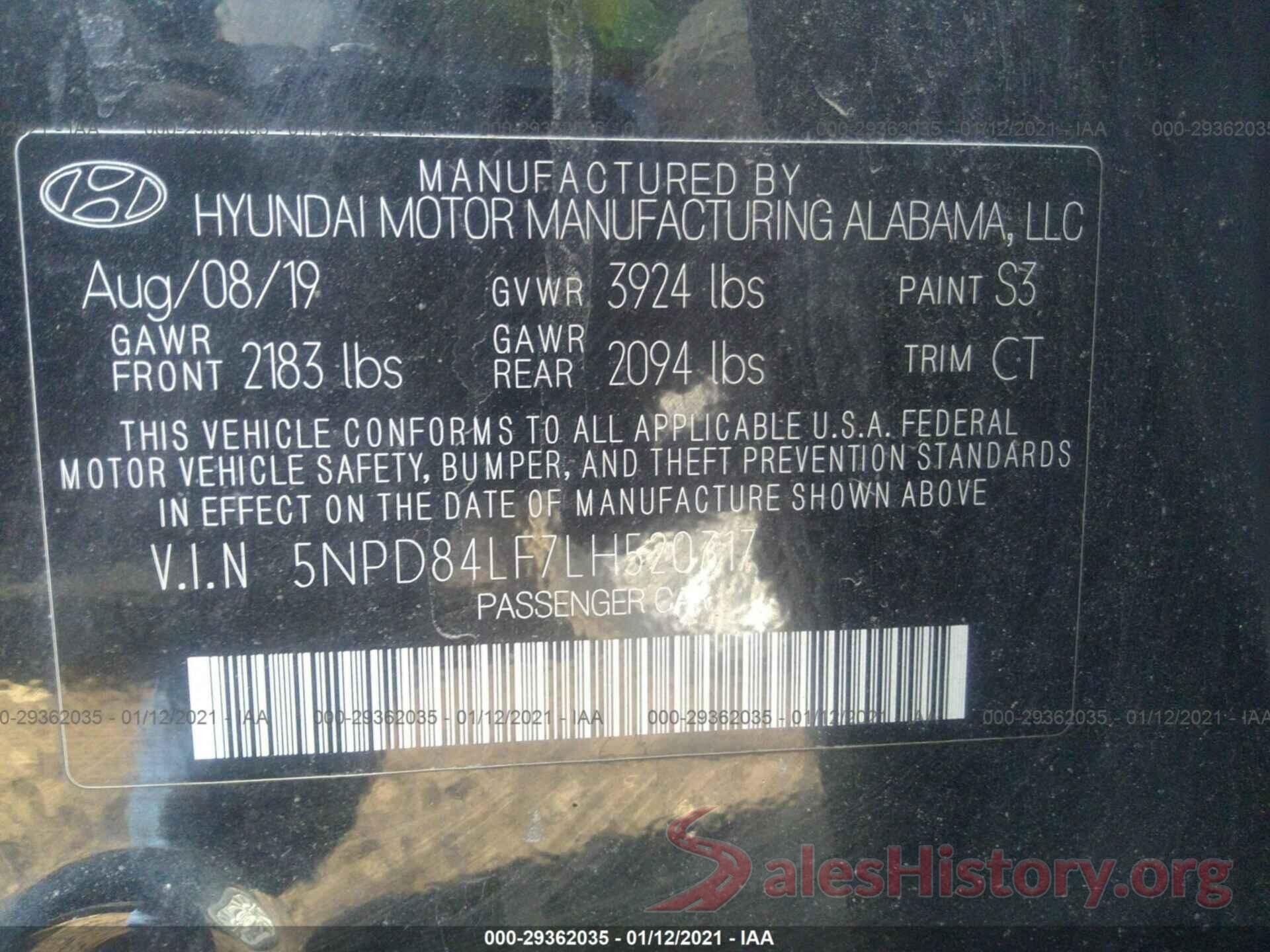 5NPD84LF7LH520317 2020 HYUNDAI ELANTRA