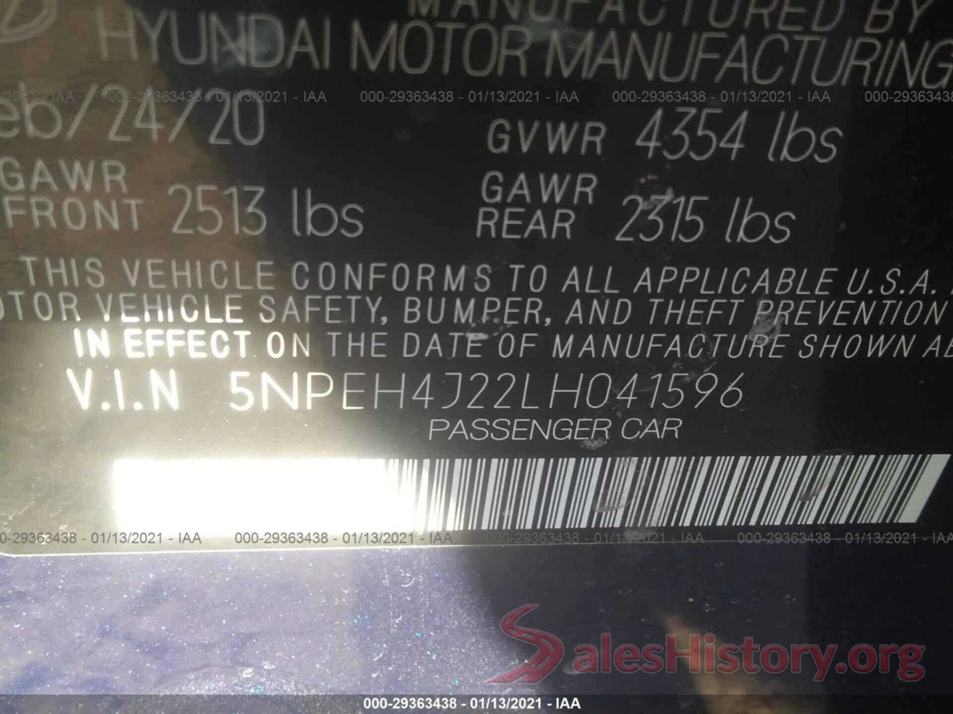 5NPEH4J22LH041596 2020 HYUNDAI SONATA