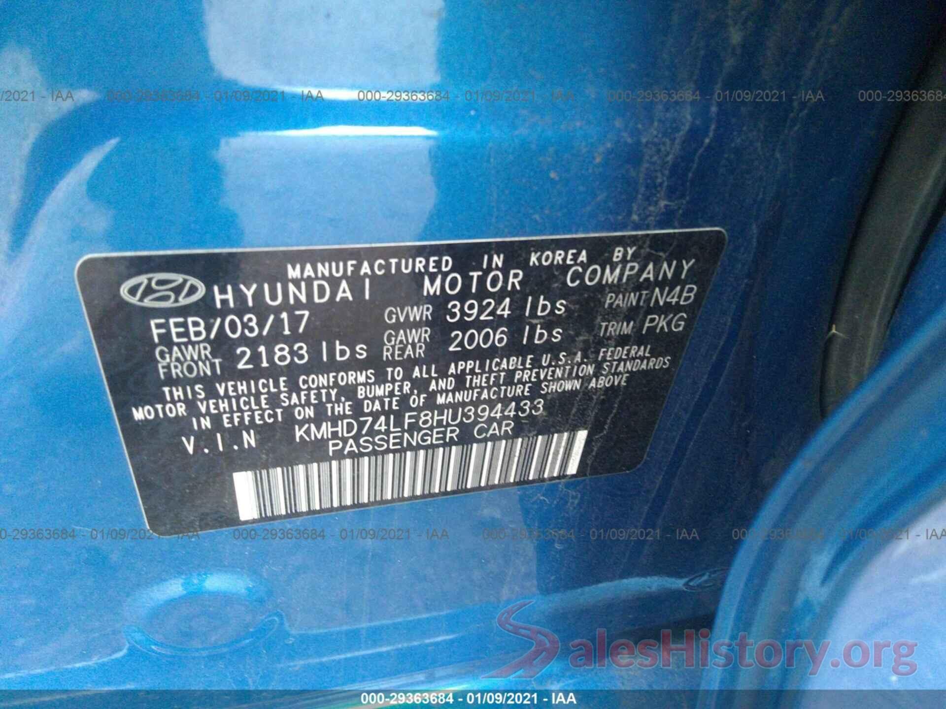 KMHD74LF8HU394433 2017 HYUNDAI ELANTRA