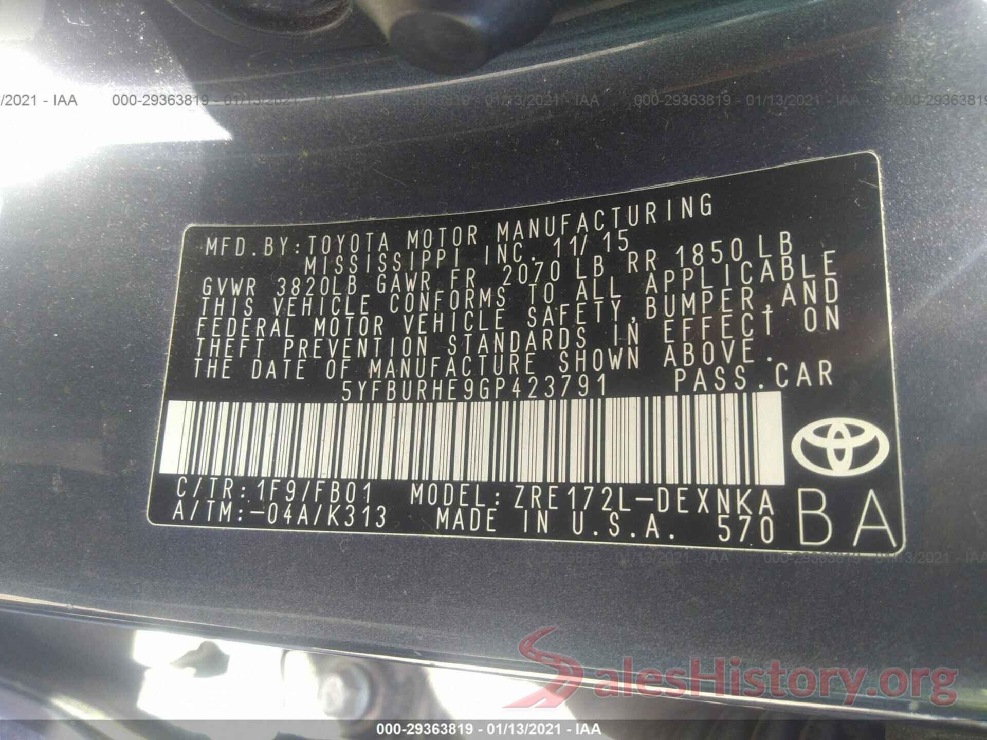 5YFBURHE9GP423791 2016 TOYOTA COROLLA