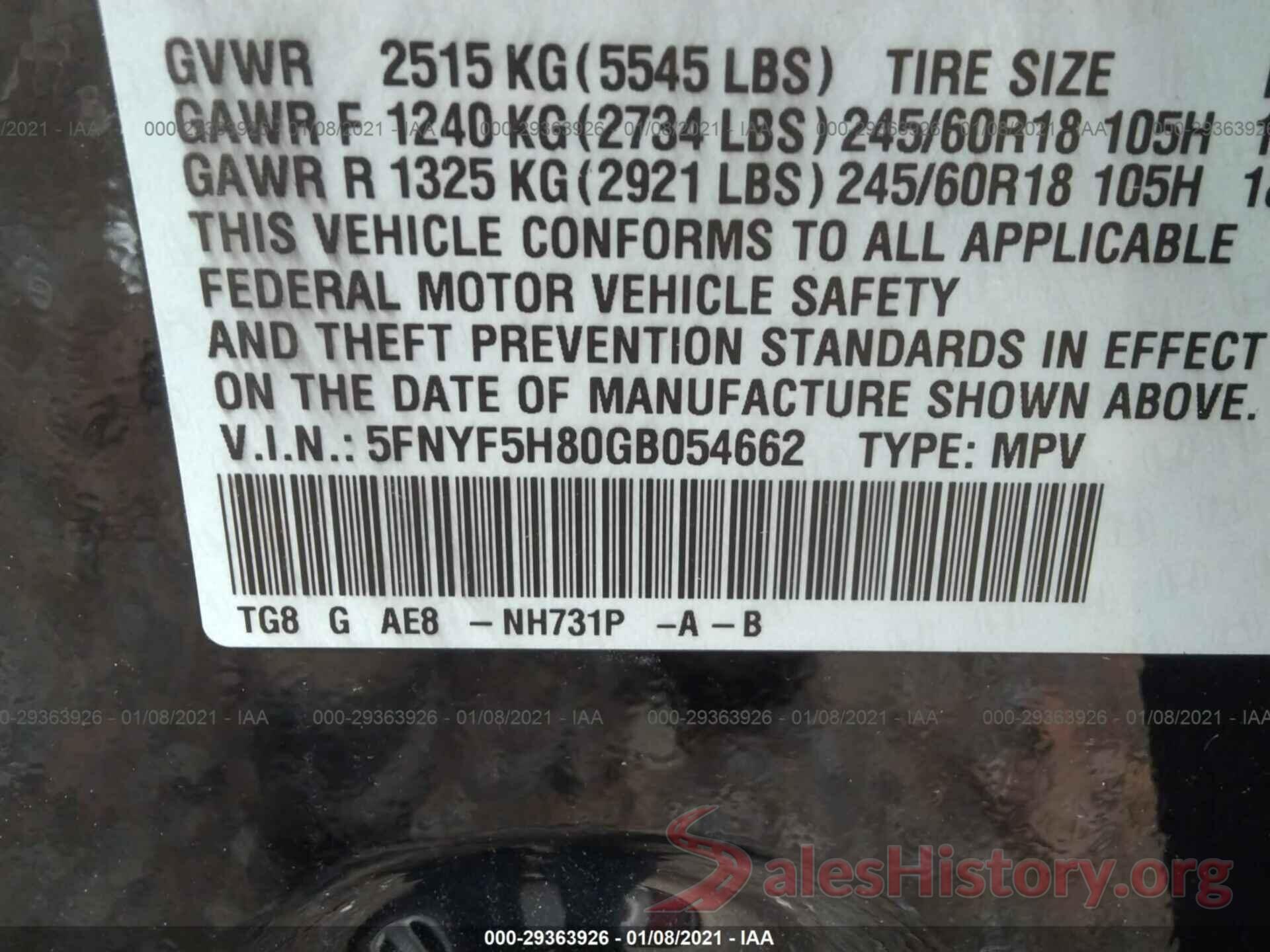 5FNYF5H80GB054662 2016 HONDA PILOT