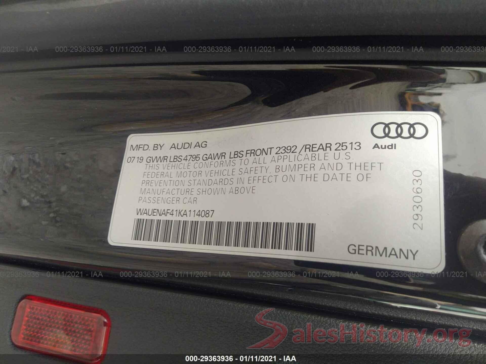 WAUENAF41KA114087 2019 AUDI A4