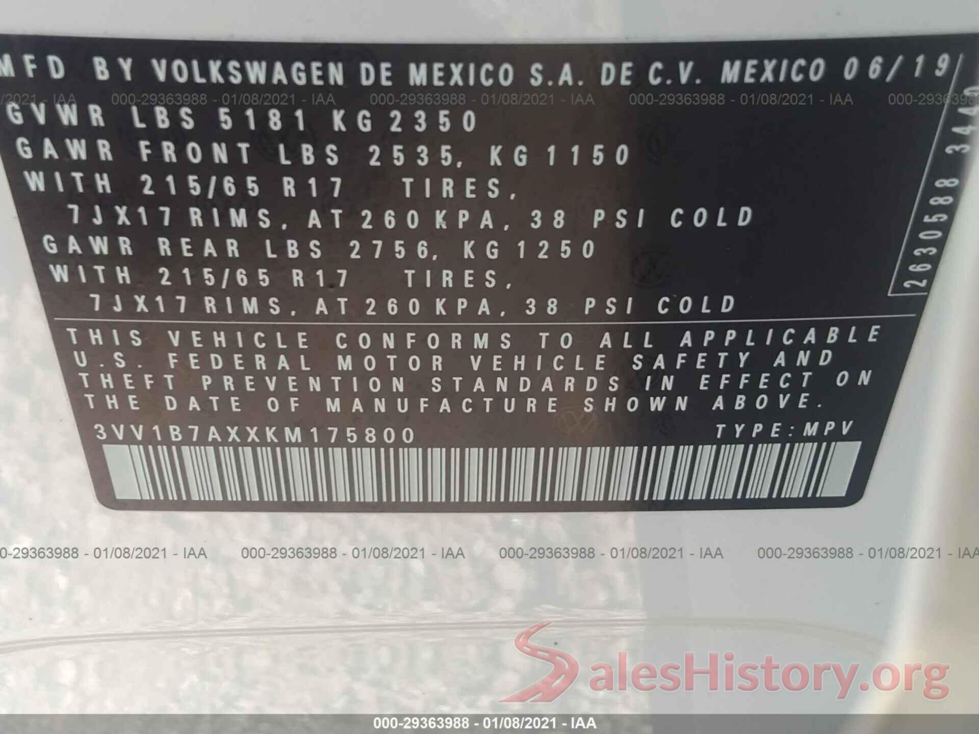 3VV1B7AXXKM175800 2019 VOLKSWAGEN TIGUAN