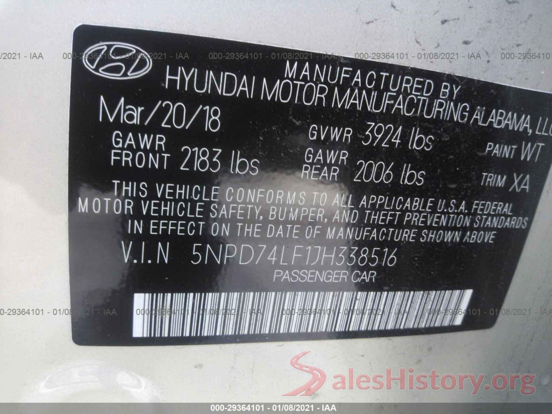 5NPD74LF1JH338516 2018 HYUNDAI ELANTRA