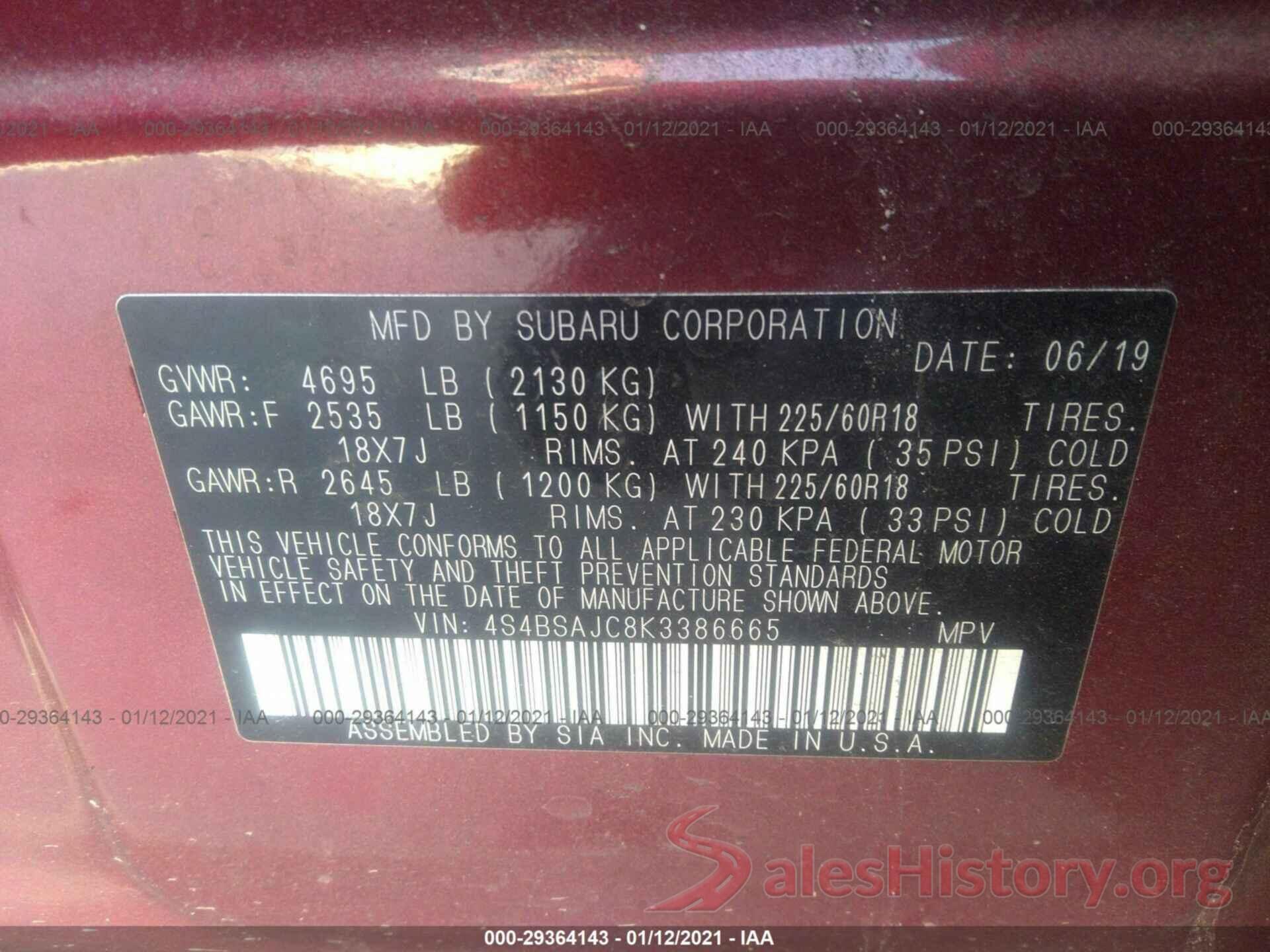 4S4BSAJC8K3386665 2019 SUBARU OUTBACK