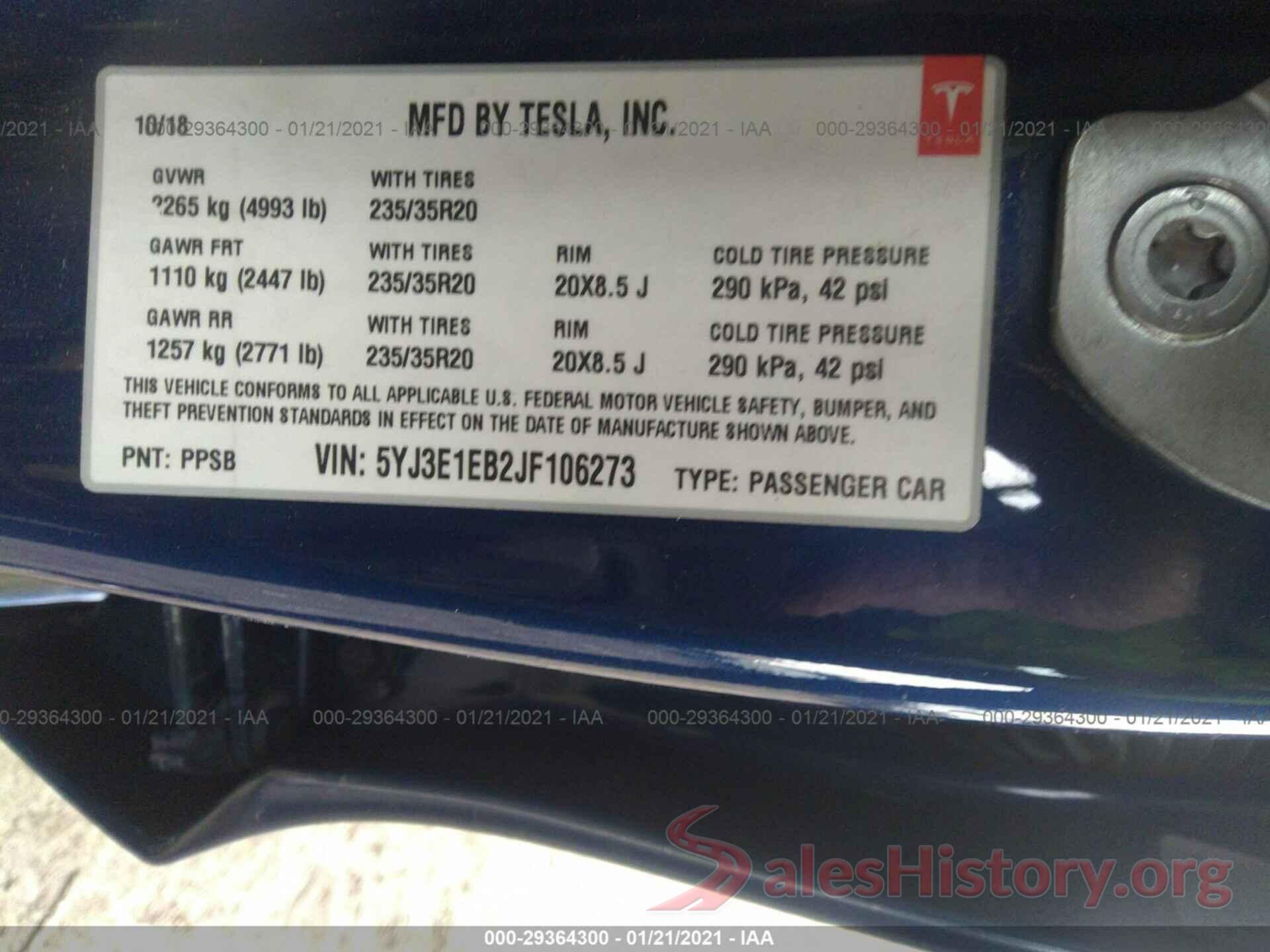 5YJ3E1EB2JF106273 2018 TESLA MODEL 3