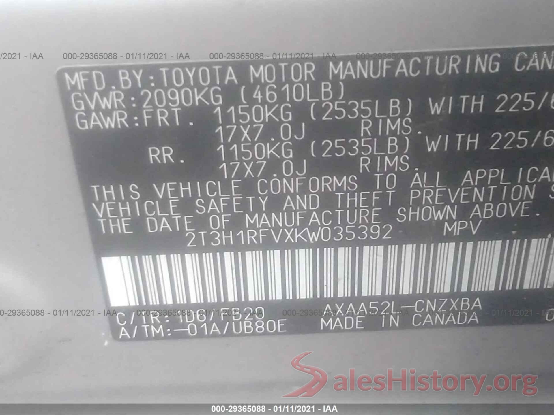 2T3H1RFVXKW035392 2019 TOYOTA RAV4