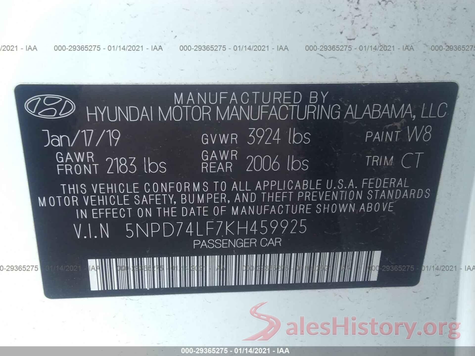 5NPD74LF7KH459925 2019 HYUNDAI ELANTRA