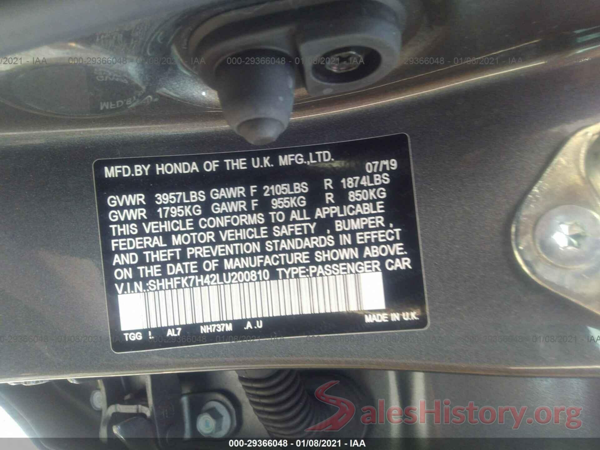 SHHFK7H42LU200810 2020 HONDA CIVIC HATCHBACK