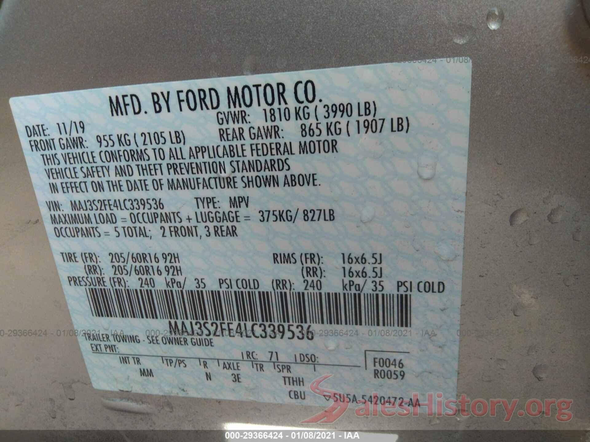 MAJ3S2FE4LC339536 2020 FORD ECOSPORT