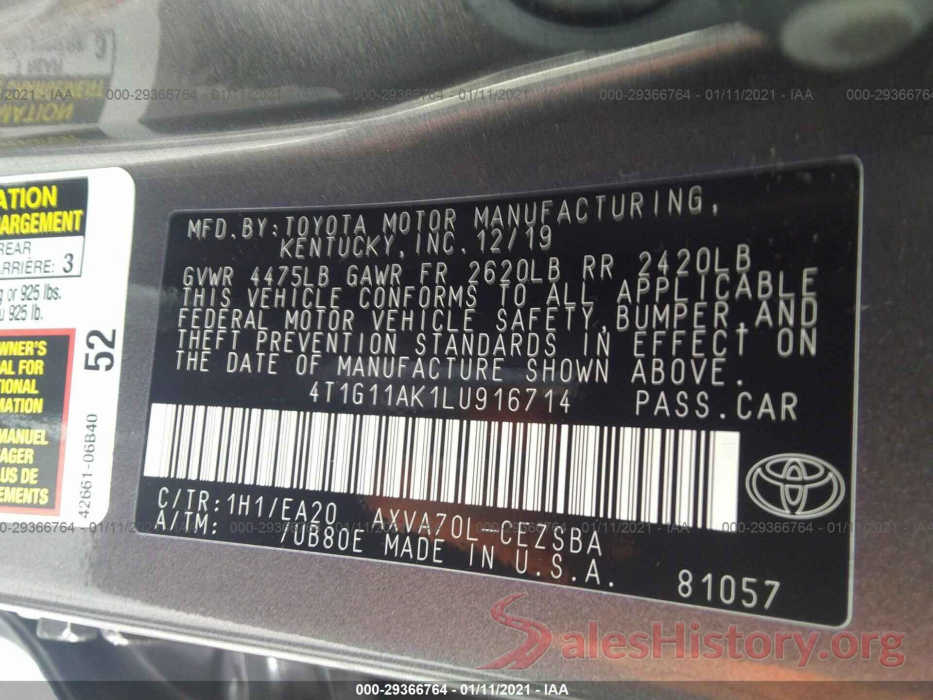 4T1G11AK1LU916714 2020 TOYOTA CAMRY