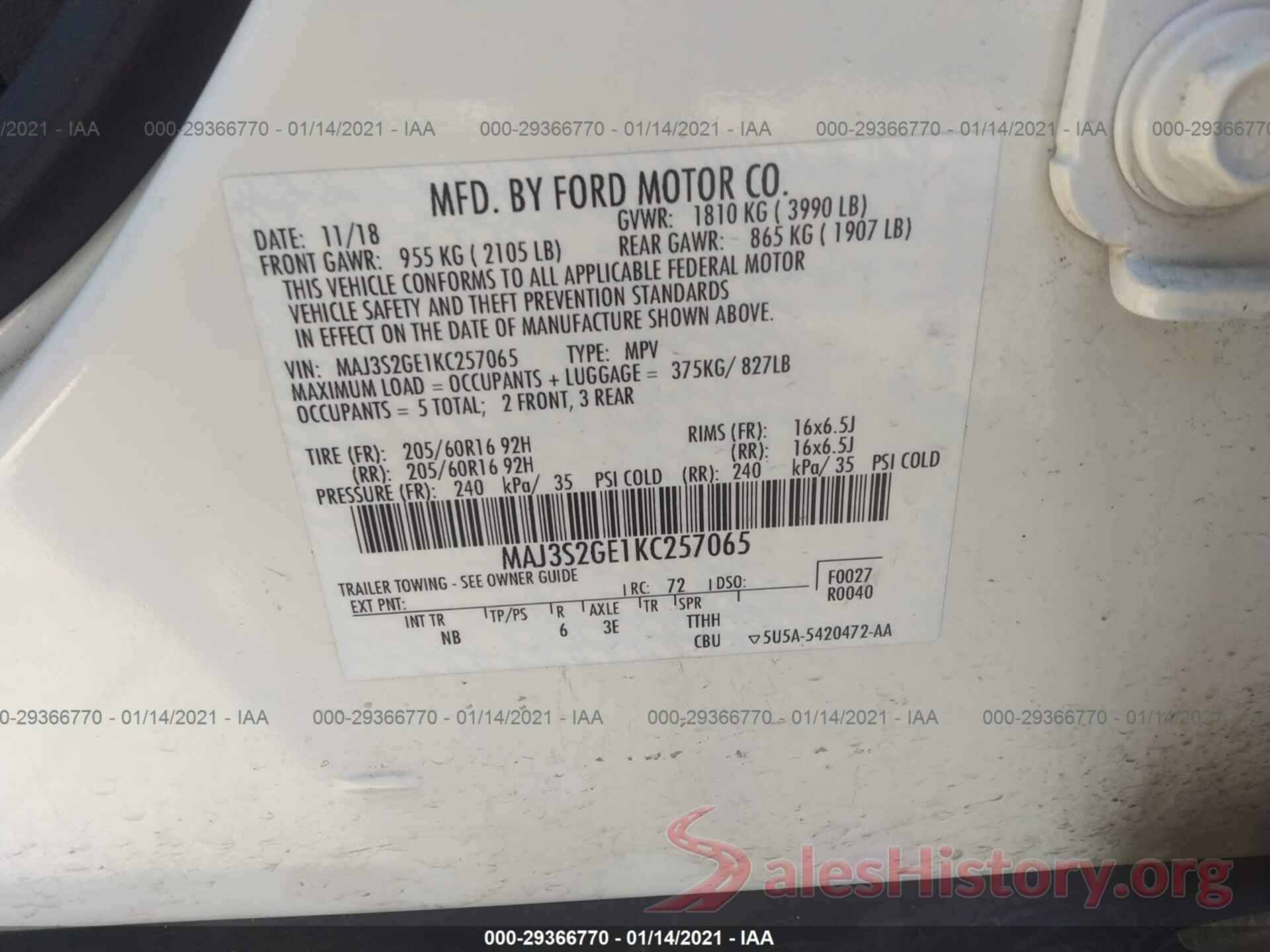 MAJ3S2GE1KC257065 2019 FORD ECOSPORT