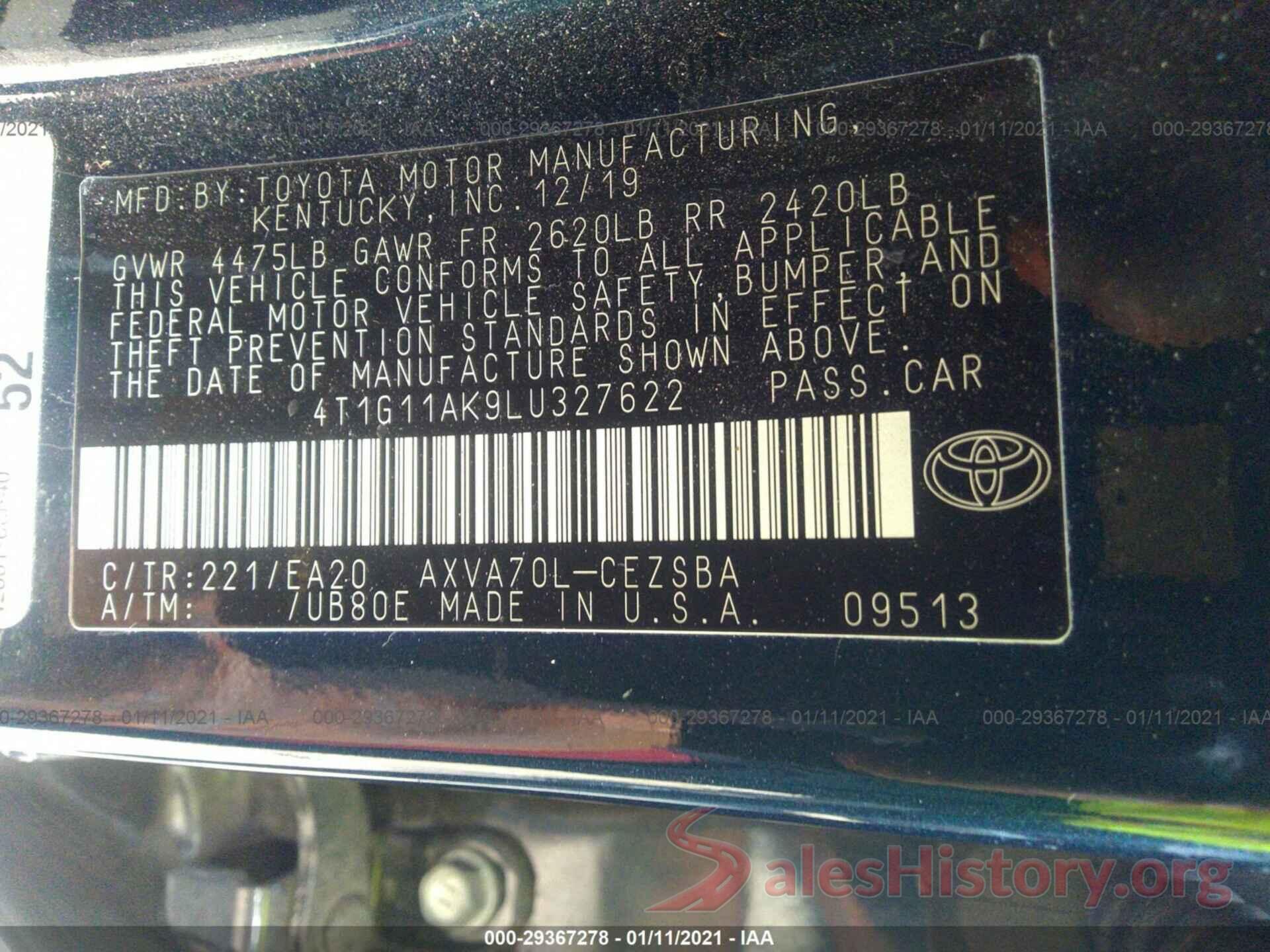 4T1G11AK9LU327622 2020 TOYOTA CAMRY