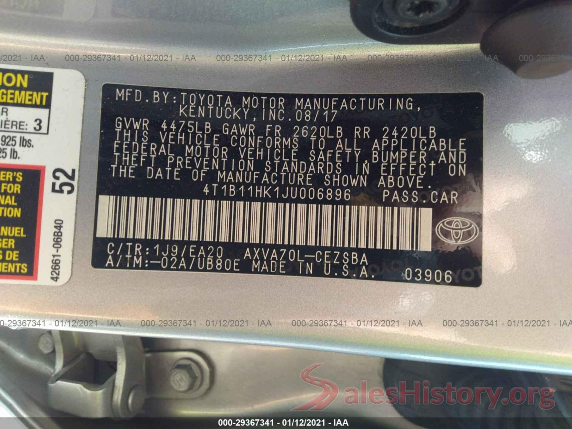 4T1B11HK1JU006896 2018 TOYOTA CAMRY