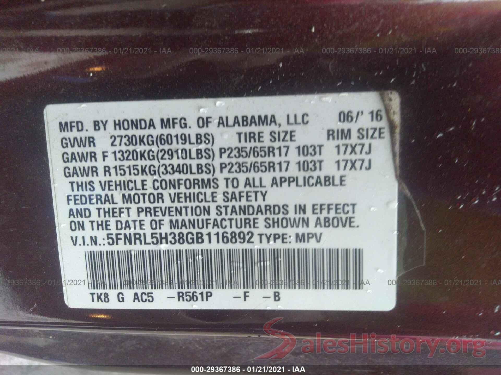 5FNRL5H38GB116892 2016 HONDA ODYSSEY