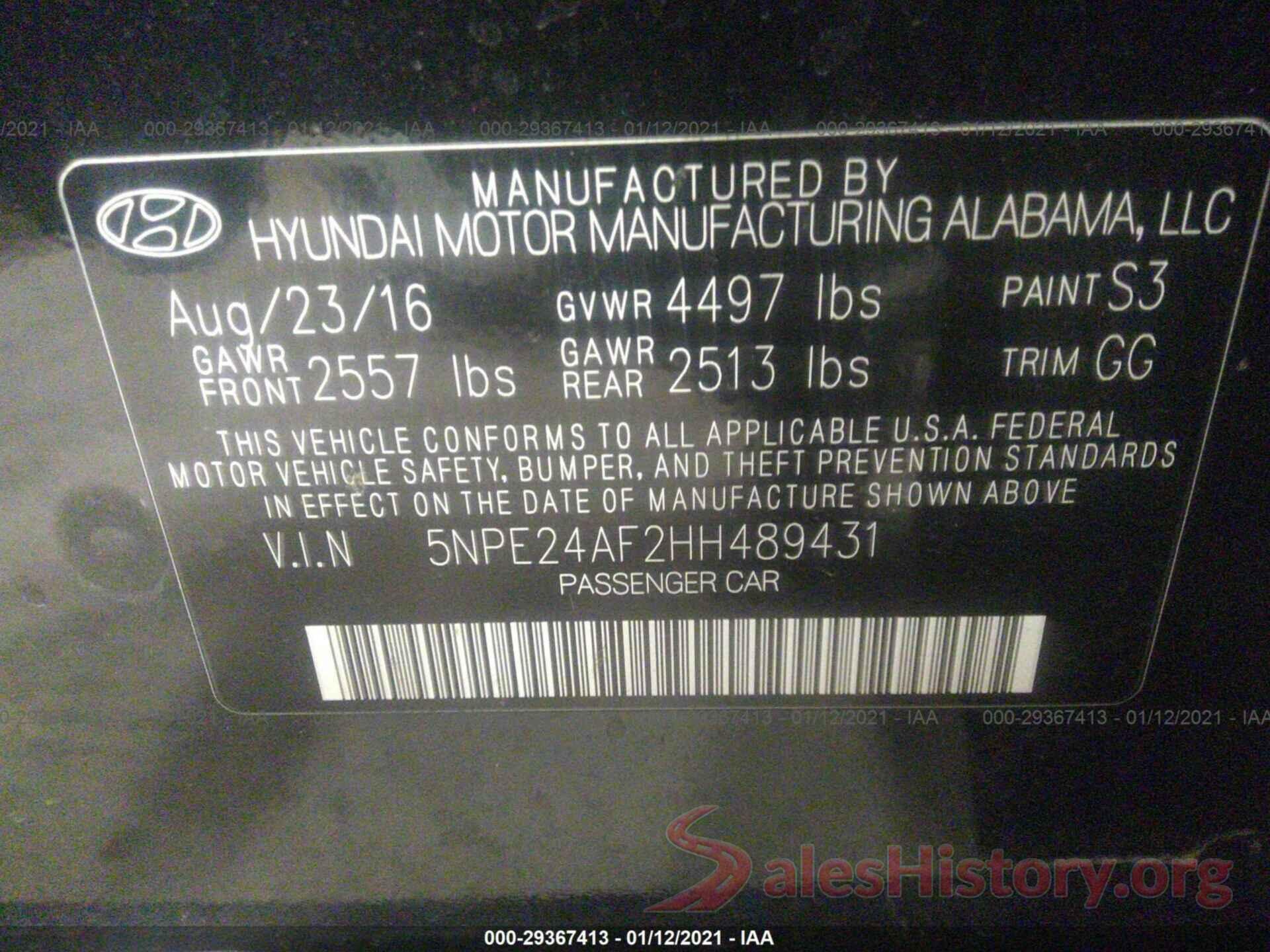 5NPE24AF2HH489431 2017 HYUNDAI SONATA