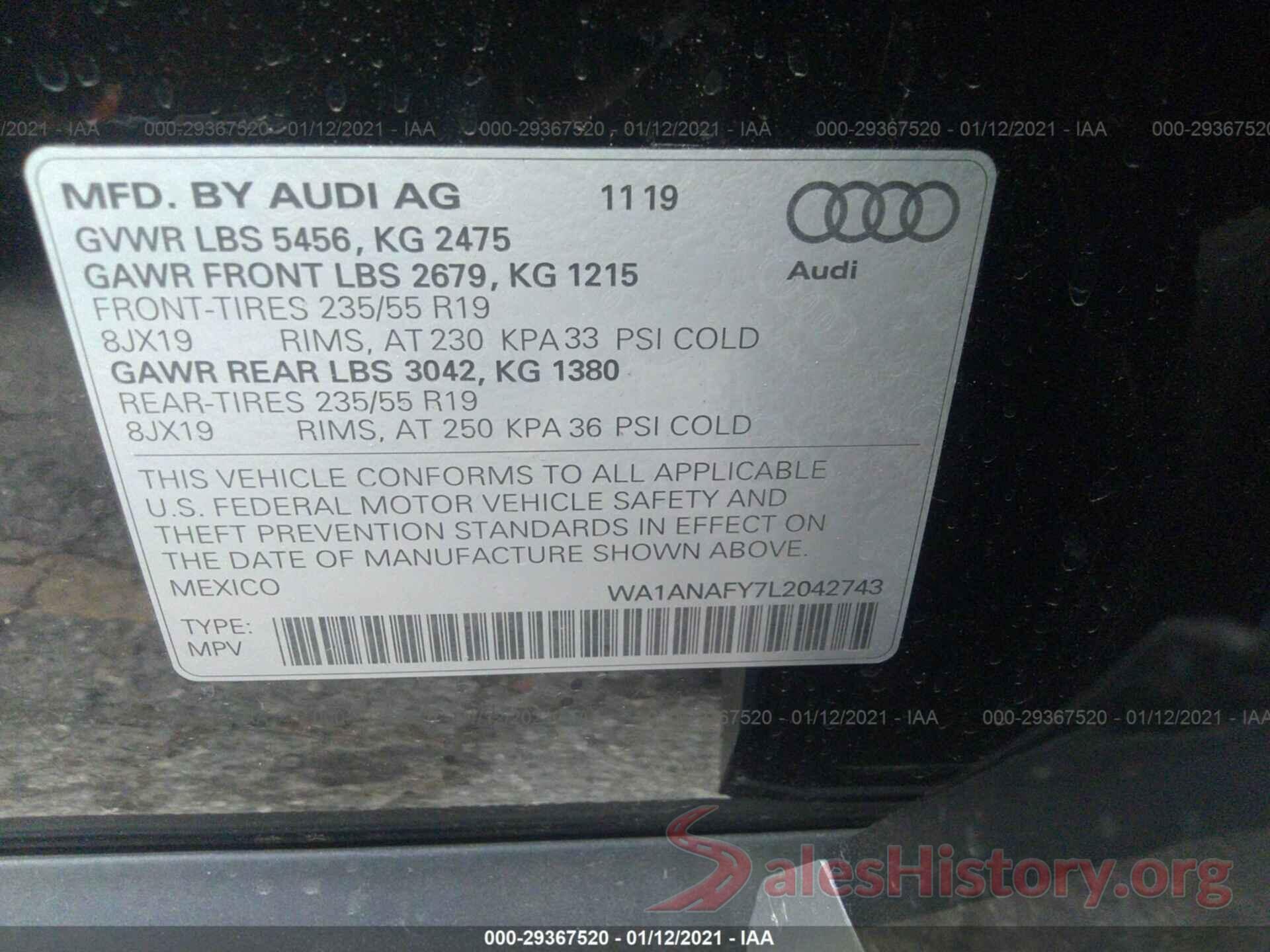 WA1ANAFY7L2042743 2020 AUDI Q5