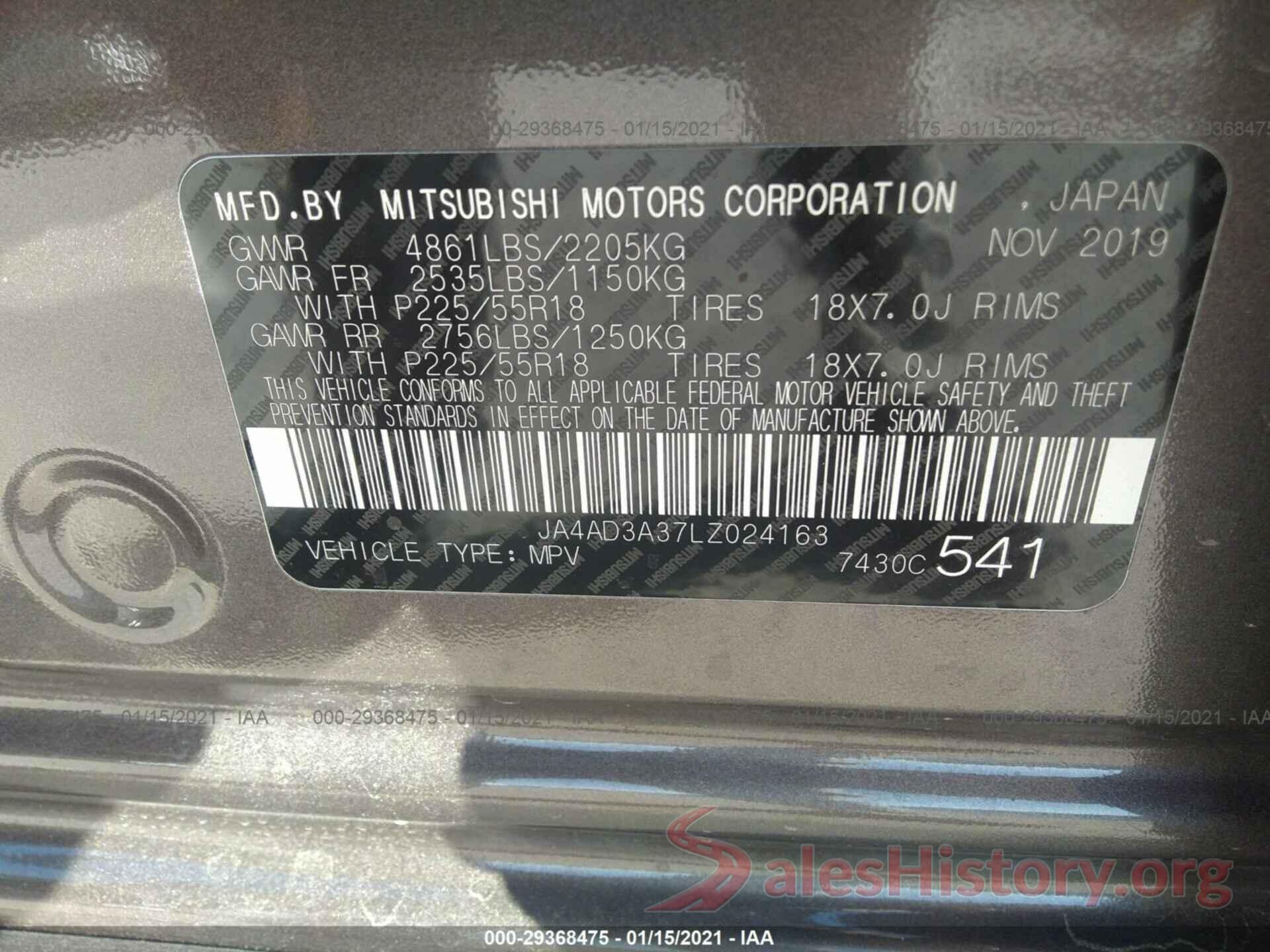 JA4AD3A37LZ024163 2020 MITSUBISHI OUTLANDER