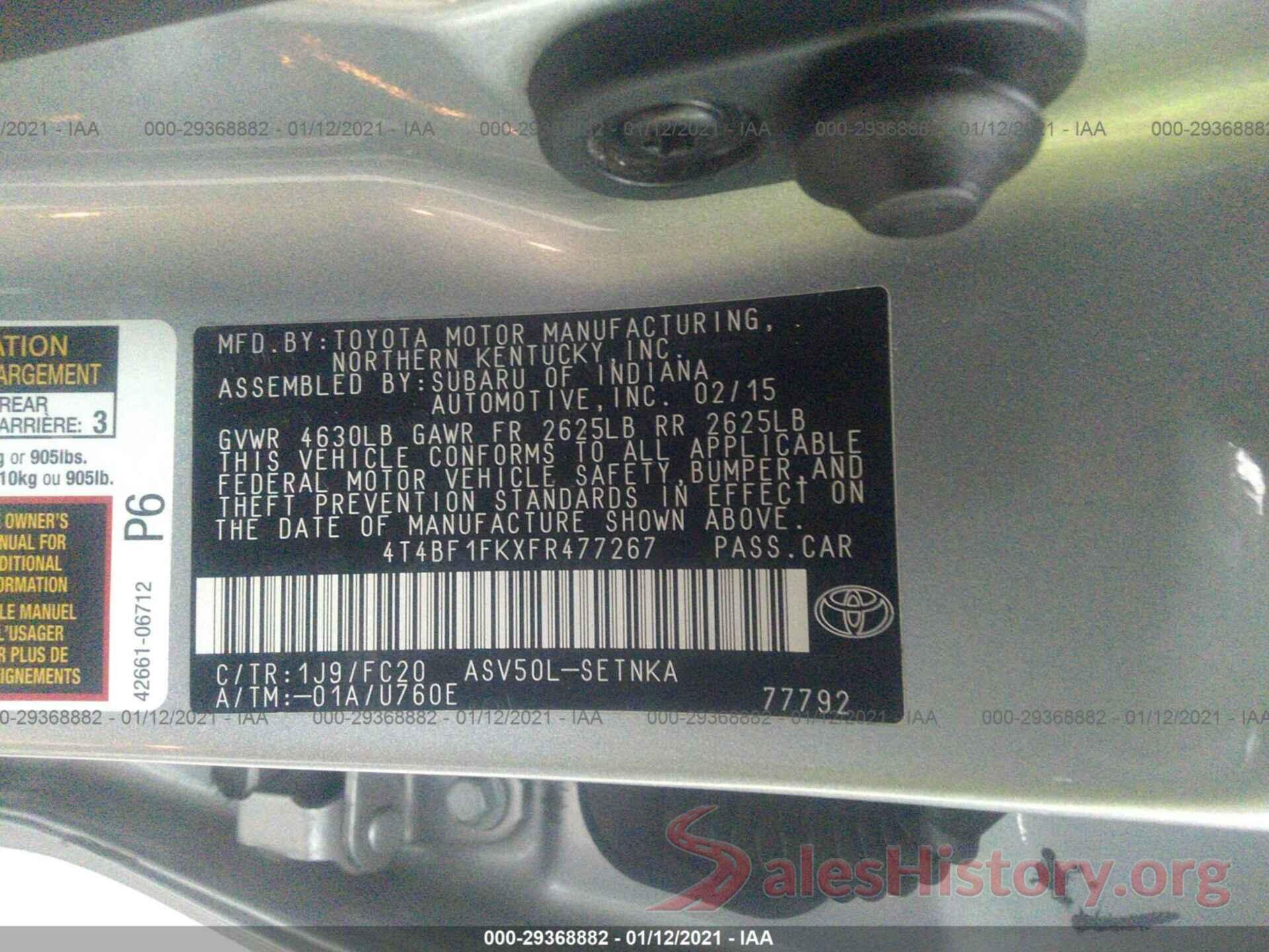 4T4BF1FKXFR477267 2015 TOYOTA CAMRY