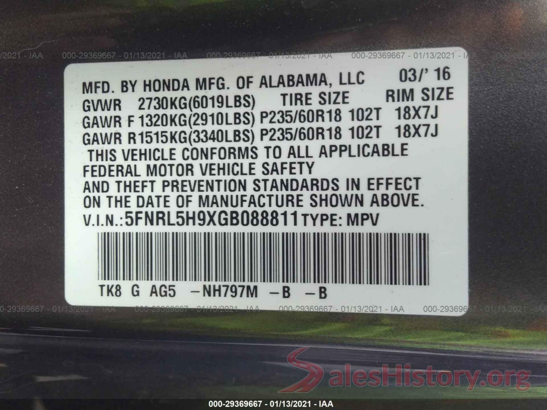 5FNRL5H9XGB088811 2016 HONDA ODYSSEY