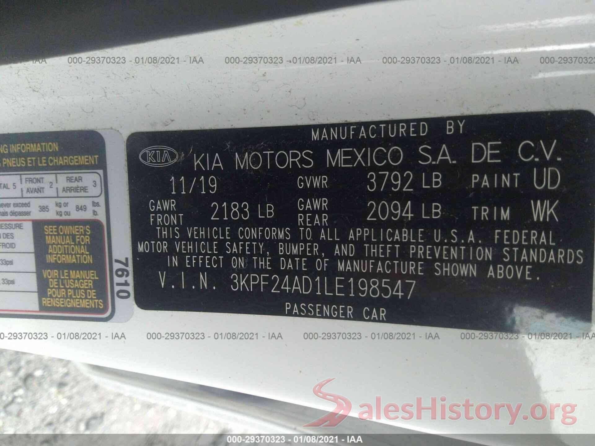 3KPF24AD1LE198547 2020 KIA FORTE