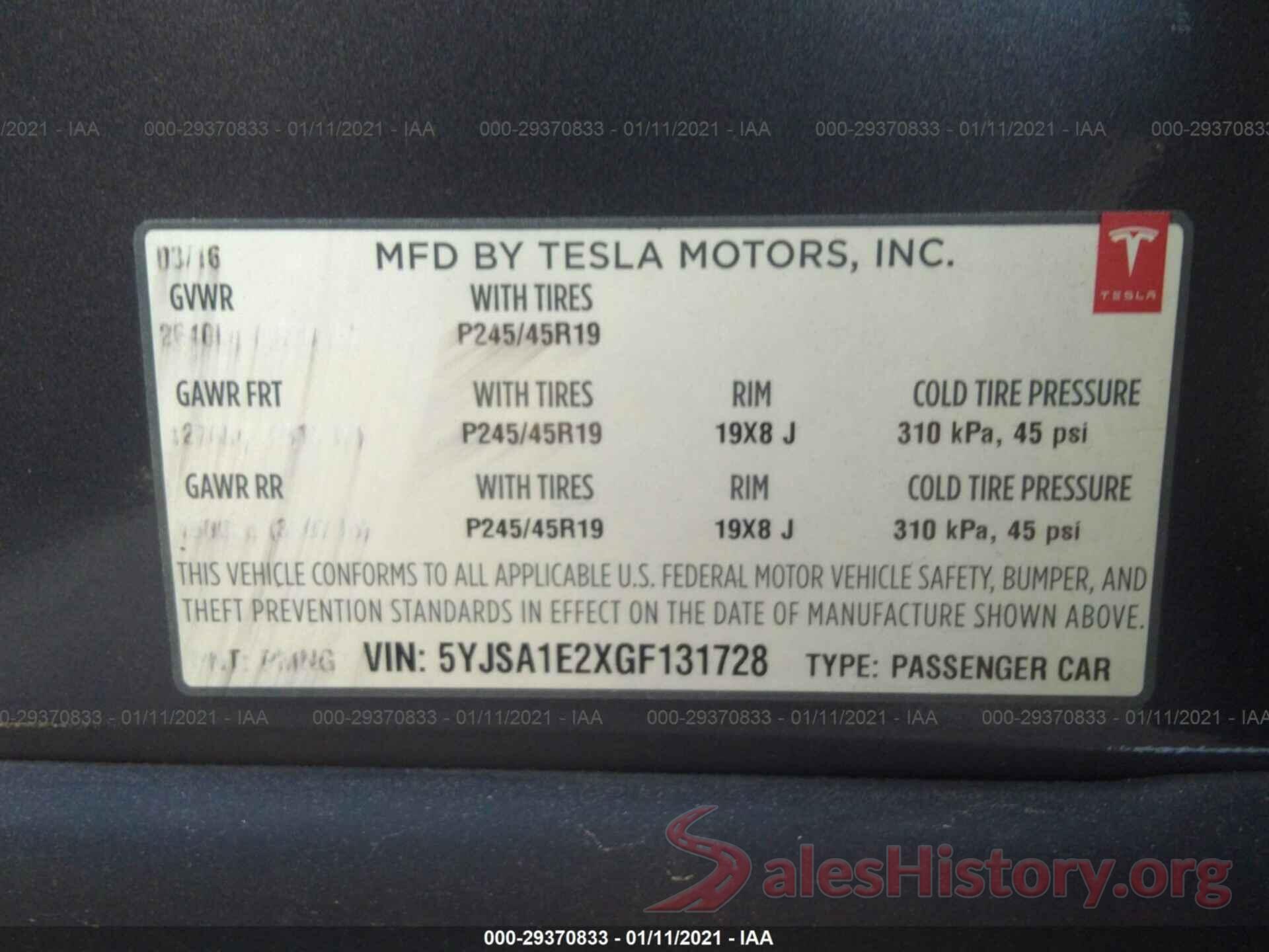 5YJSA1E2XGF131728 2016 TESLA MODEL S