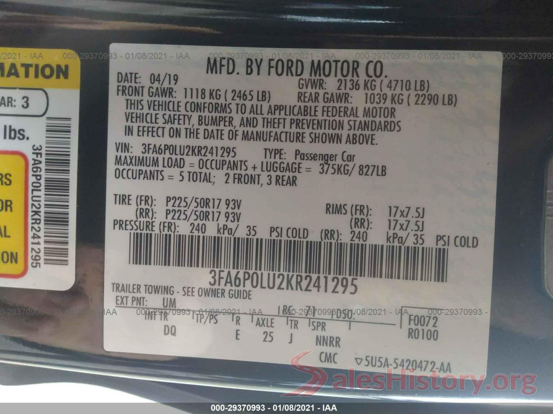 3FA6P0LU2KR241295 2019 FORD FUSION HYBRID