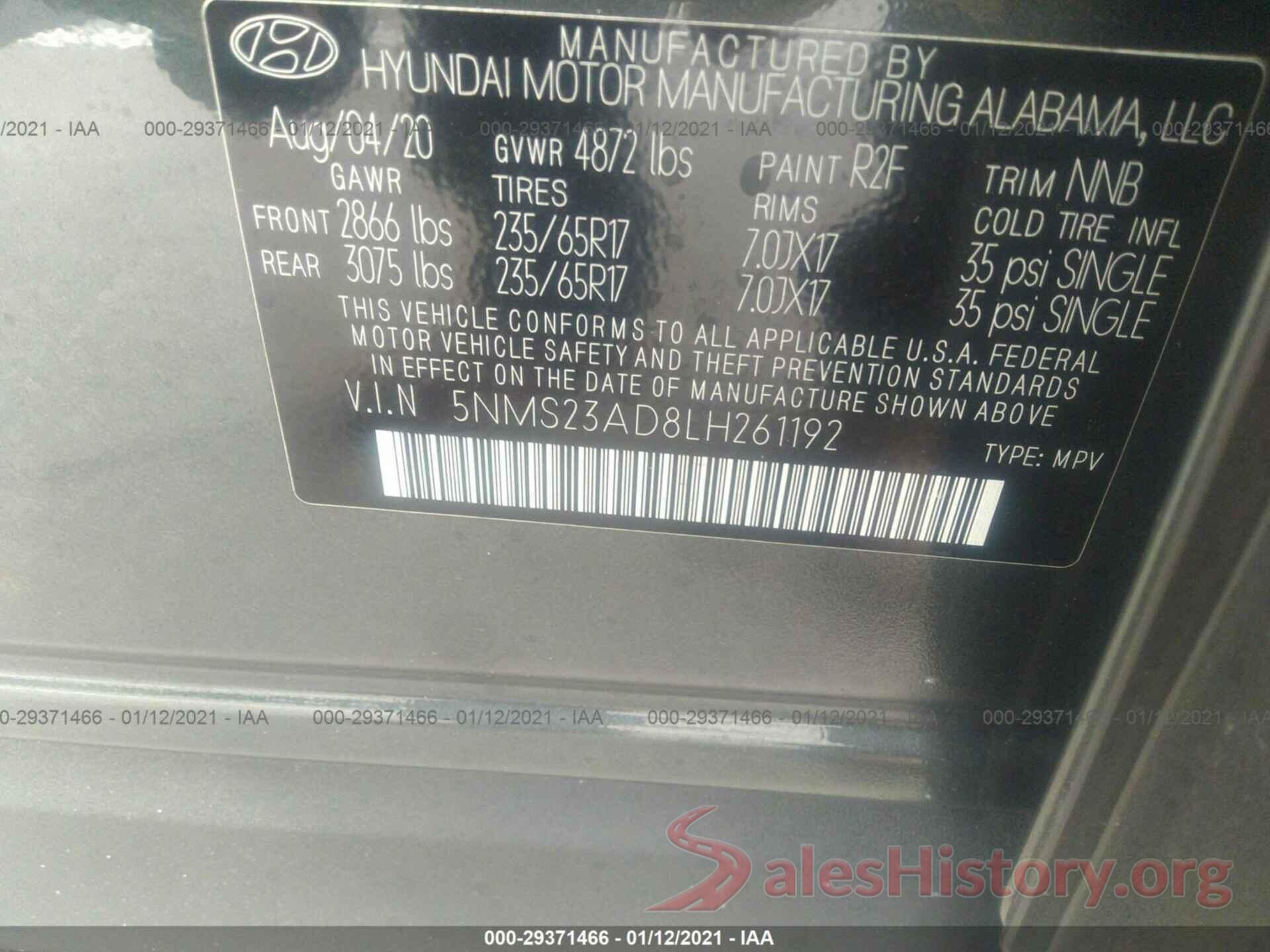 5NMS23AD8LH261192 2020 HYUNDAI SANTA FE