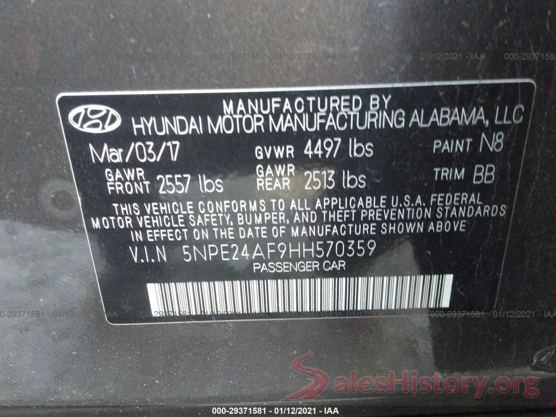 5NPE24AF9HH570359 2017 HYUNDAI SONATA