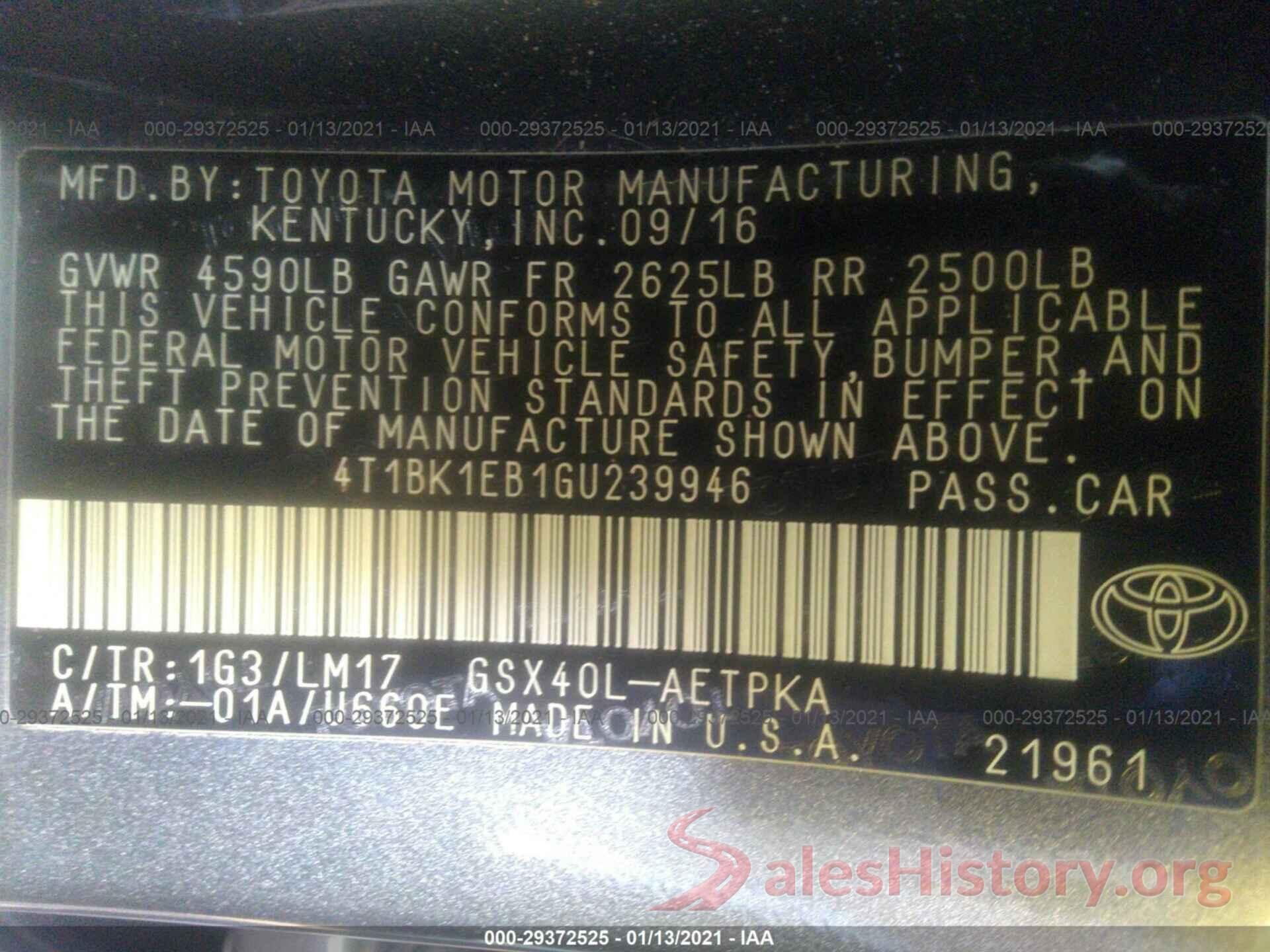 4T1BK1EB1GU239946 2016 TOYOTA AVALON