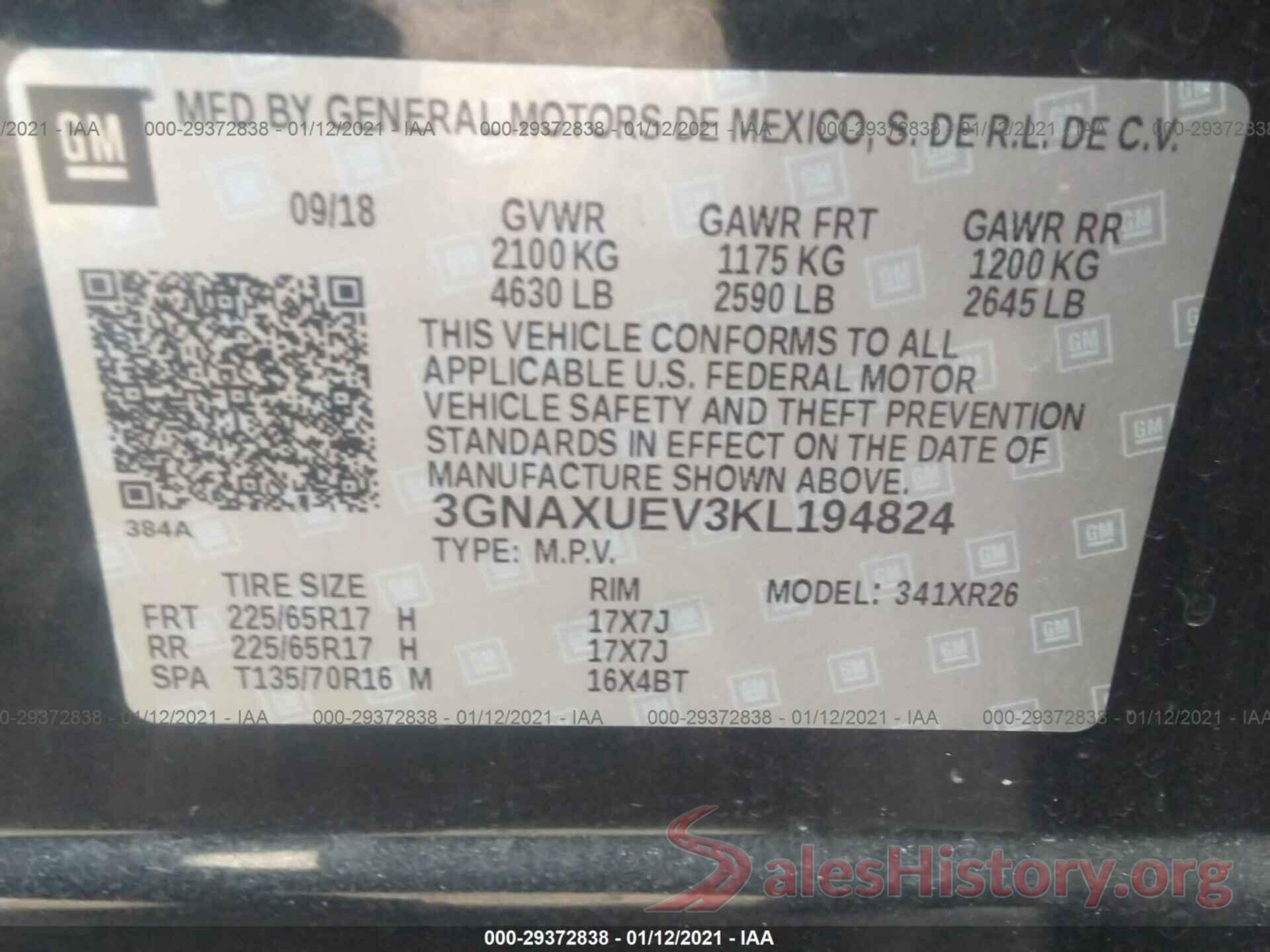 3GNAXUEV3KL194824 2019 CHEVROLET EQUINOX