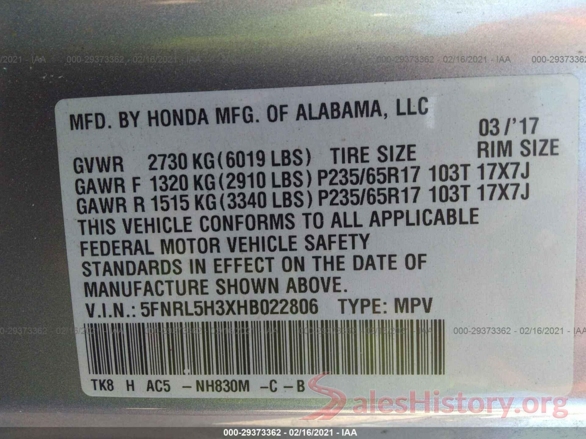 5FNRL5H3XHB022806 2017 HONDA ODYSSEY