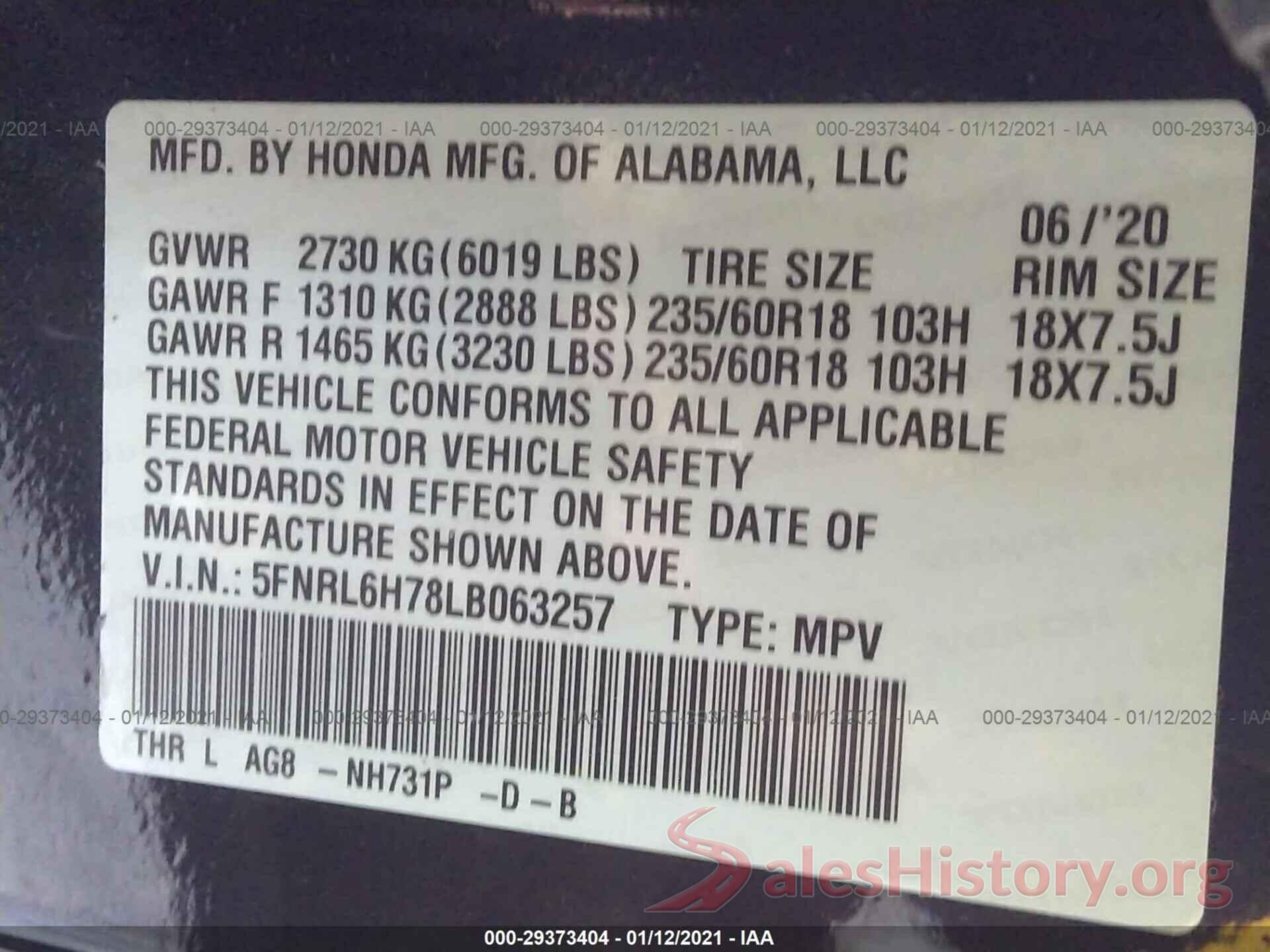 5FNRL6H78LB063257 2020 HONDA ODYSSEY