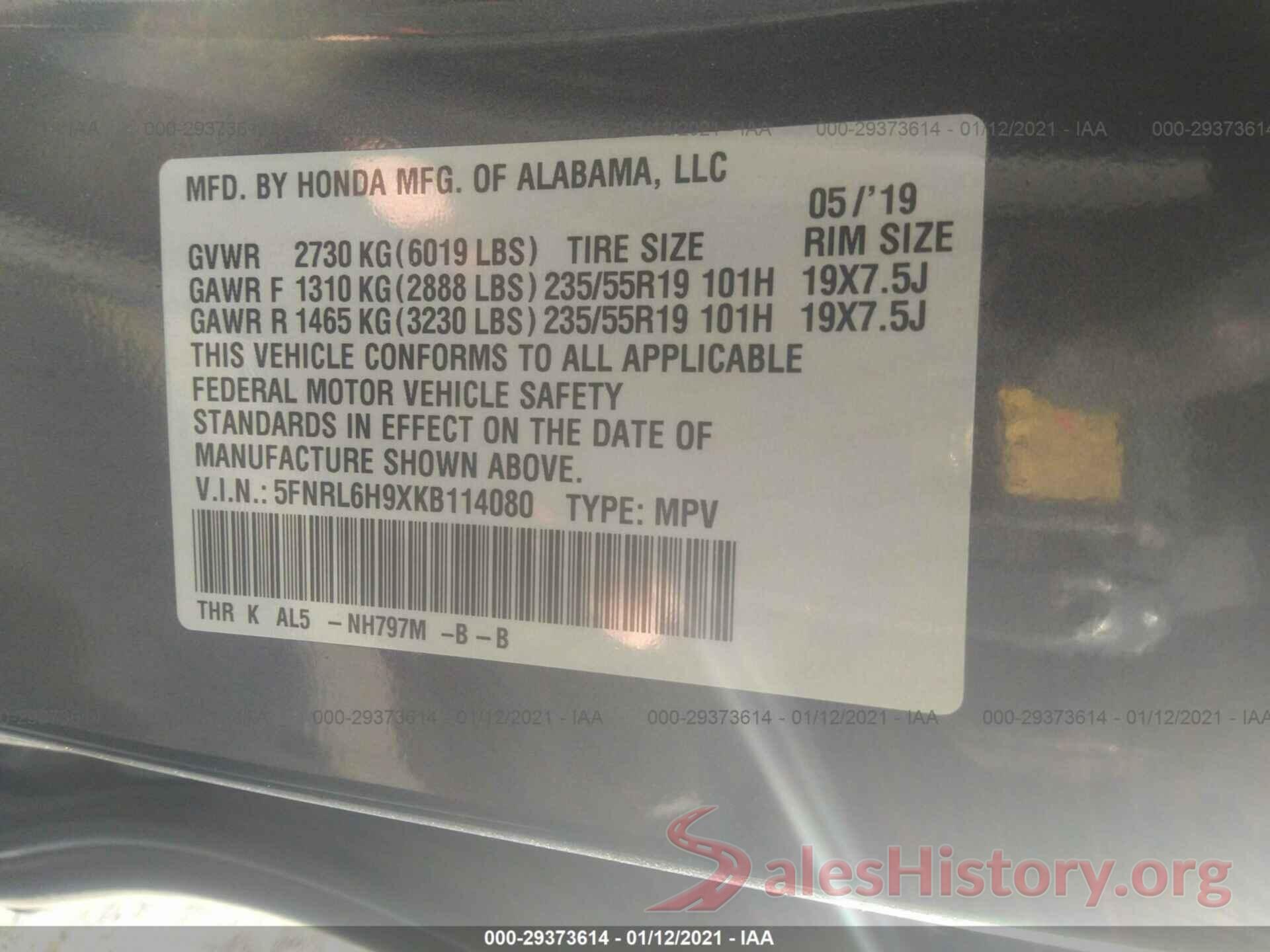 5FNRL6H9XKB114080 2019 HONDA ODYSSEY