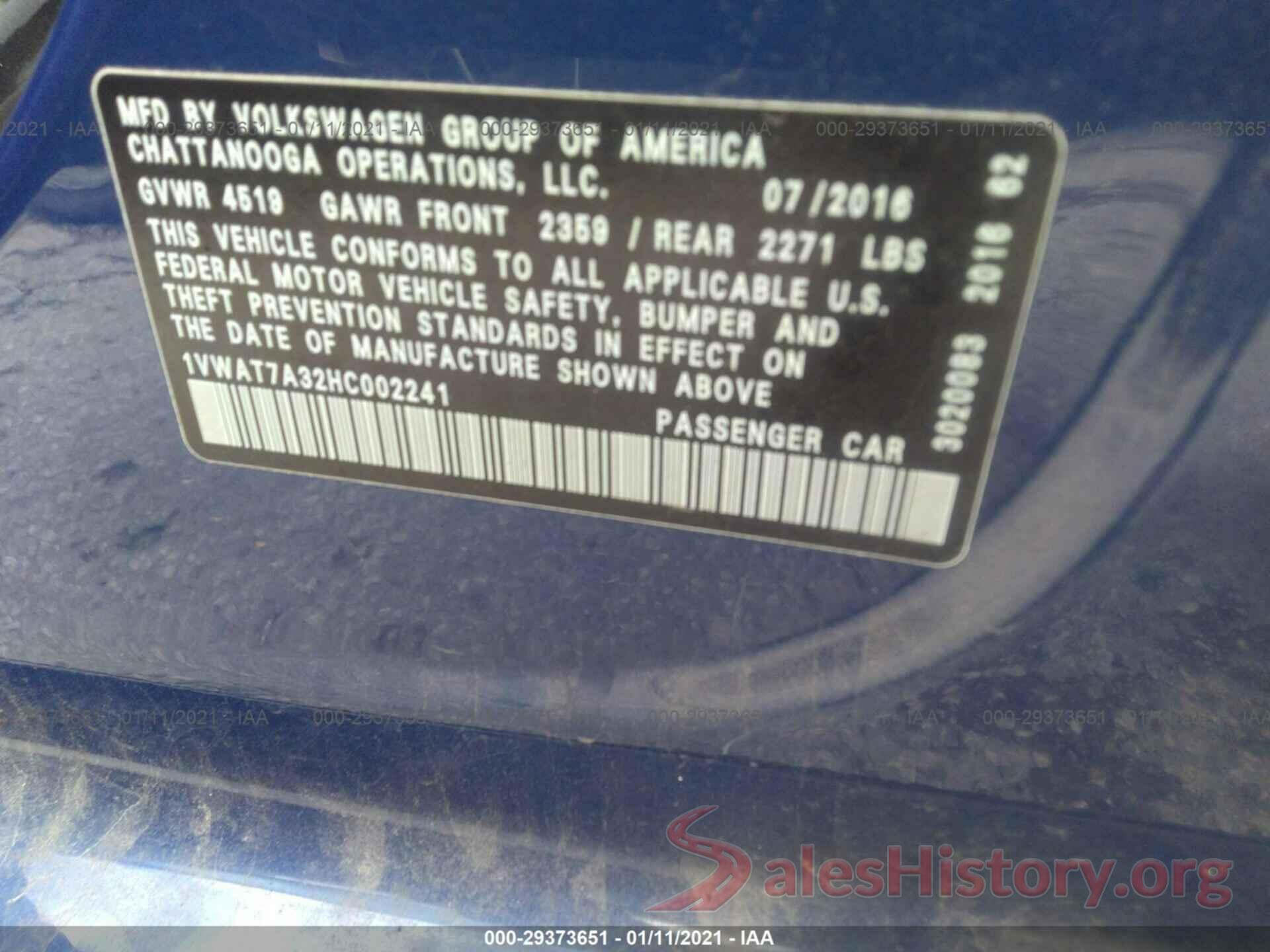 1VWAT7A32HC002241 2017 VOLKSWAGEN PASSAT