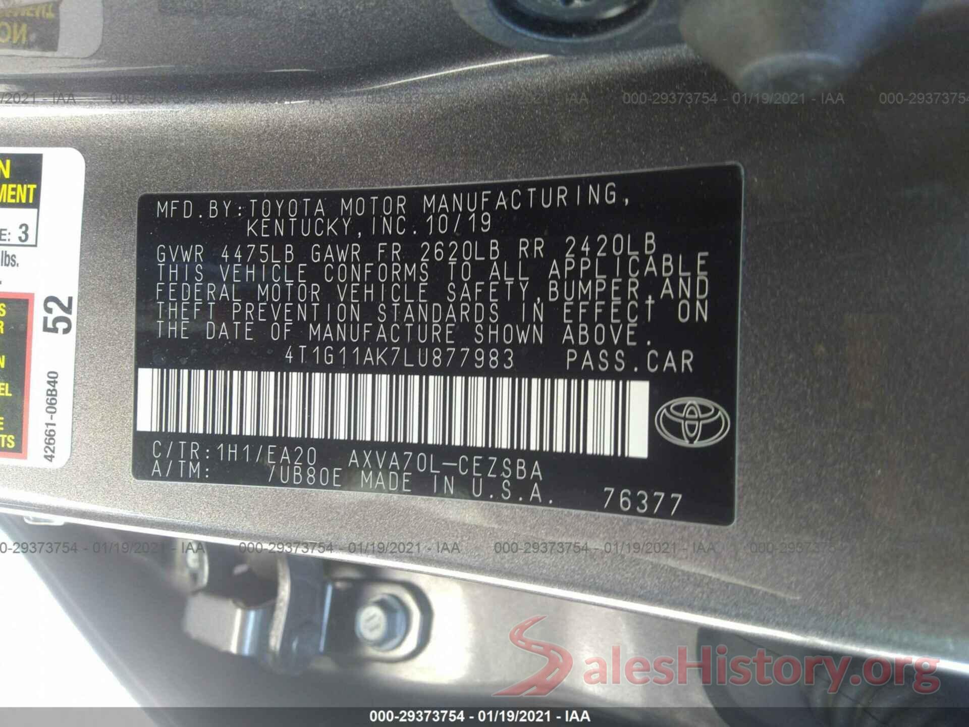 4T1G11AK7LU877983 2020 TOYOTA CAMRY