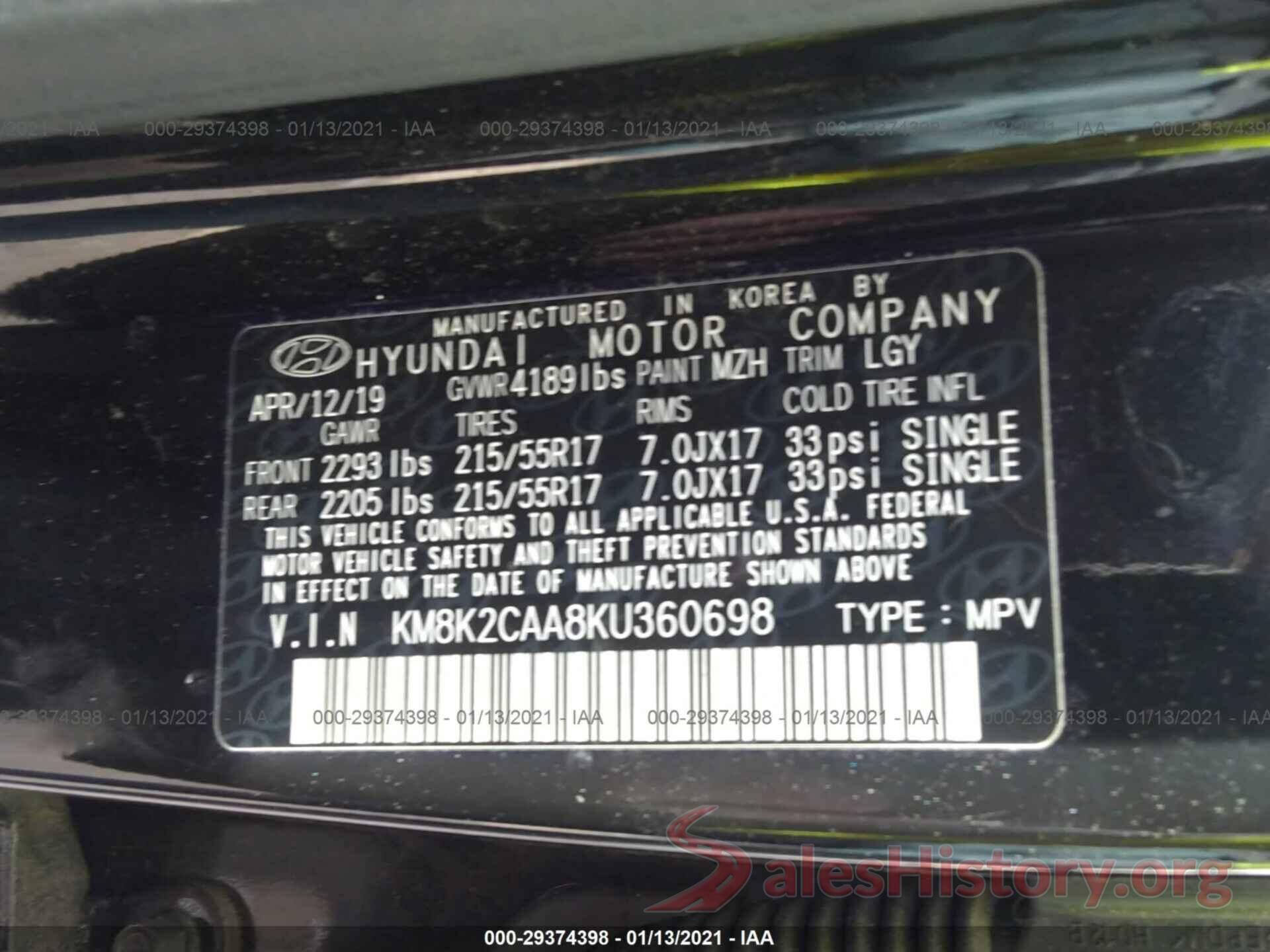 KM8K2CAA8KU360698 2019 HYUNDAI KONA