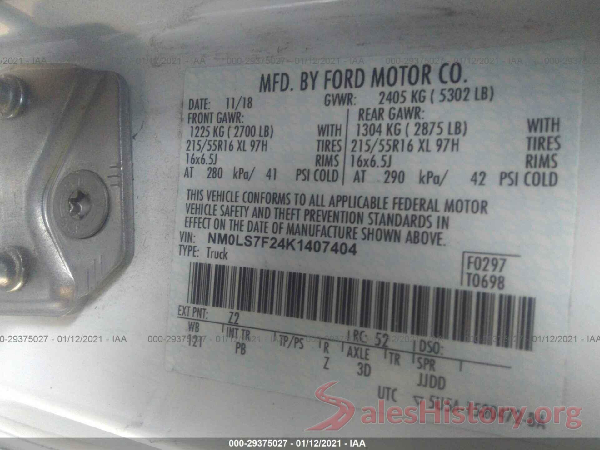 NM0LS7F24K1407404 2019 FORD TRANSIT CONNECT VAN