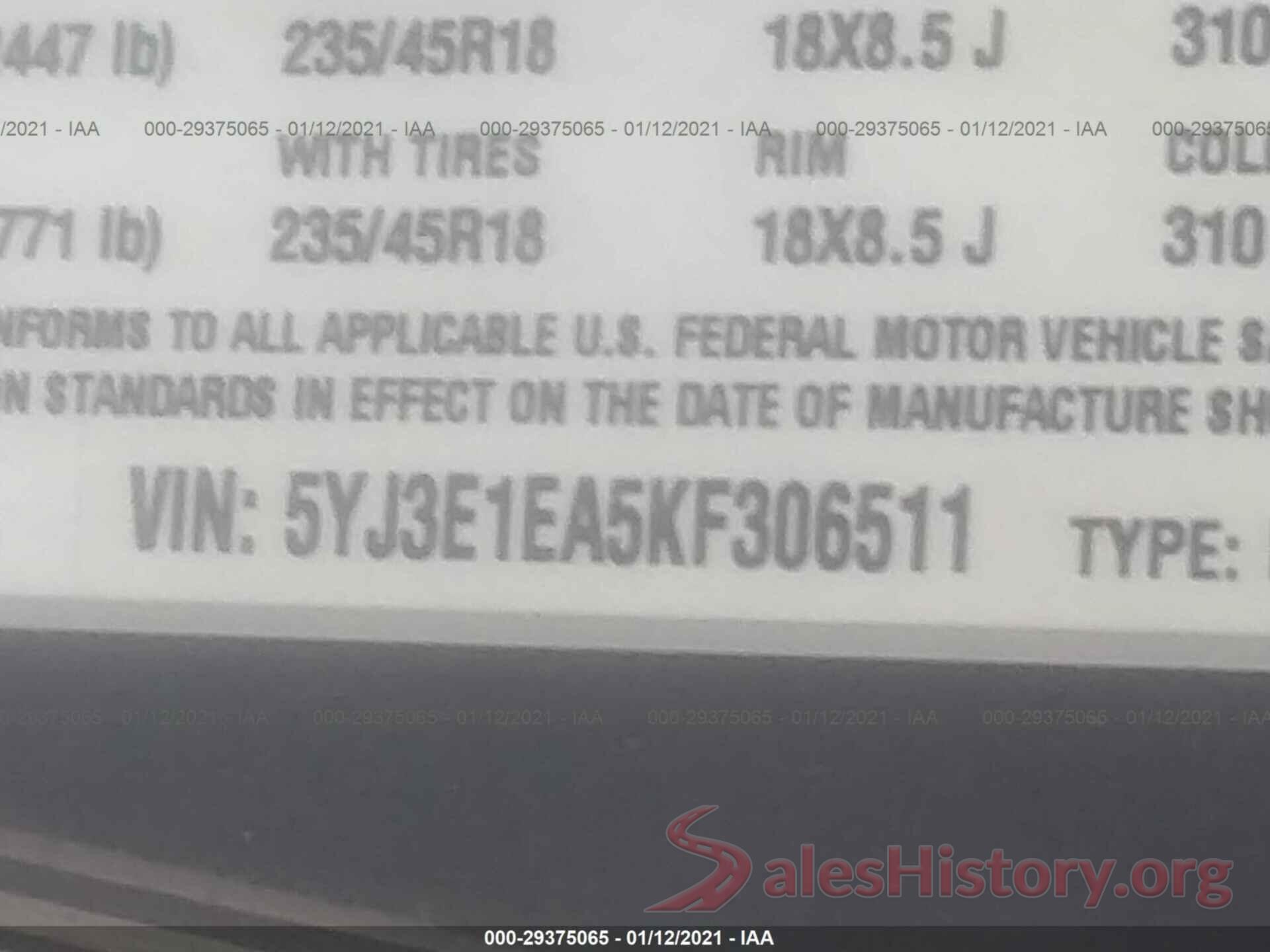 5YJ3E1EA5KF306511 2019 TESLA MODEL 3