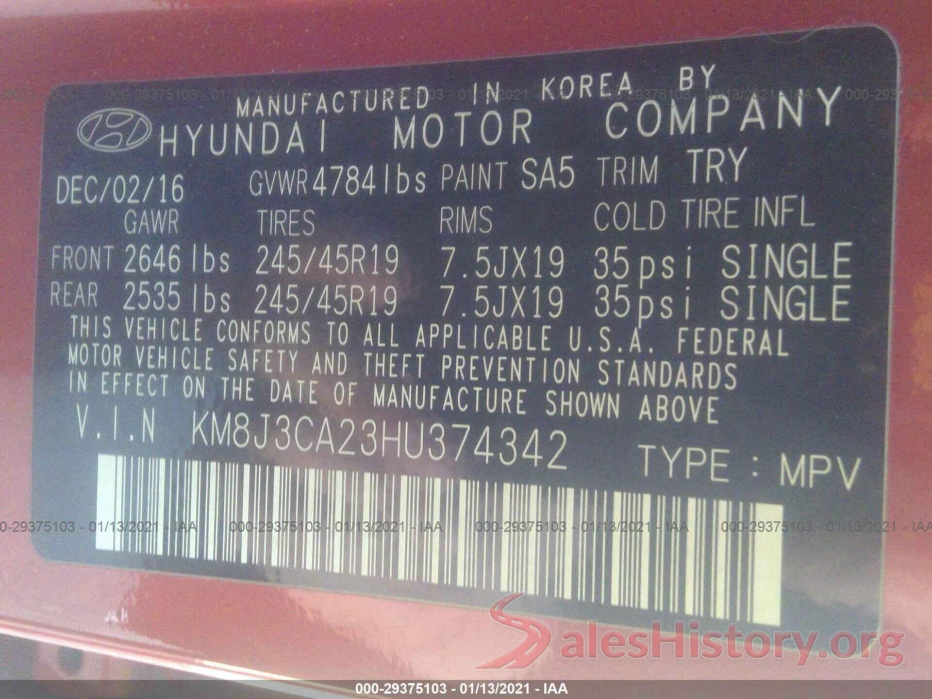 KM8J3CA23HU374342 2017 HYUNDAI TUCSON