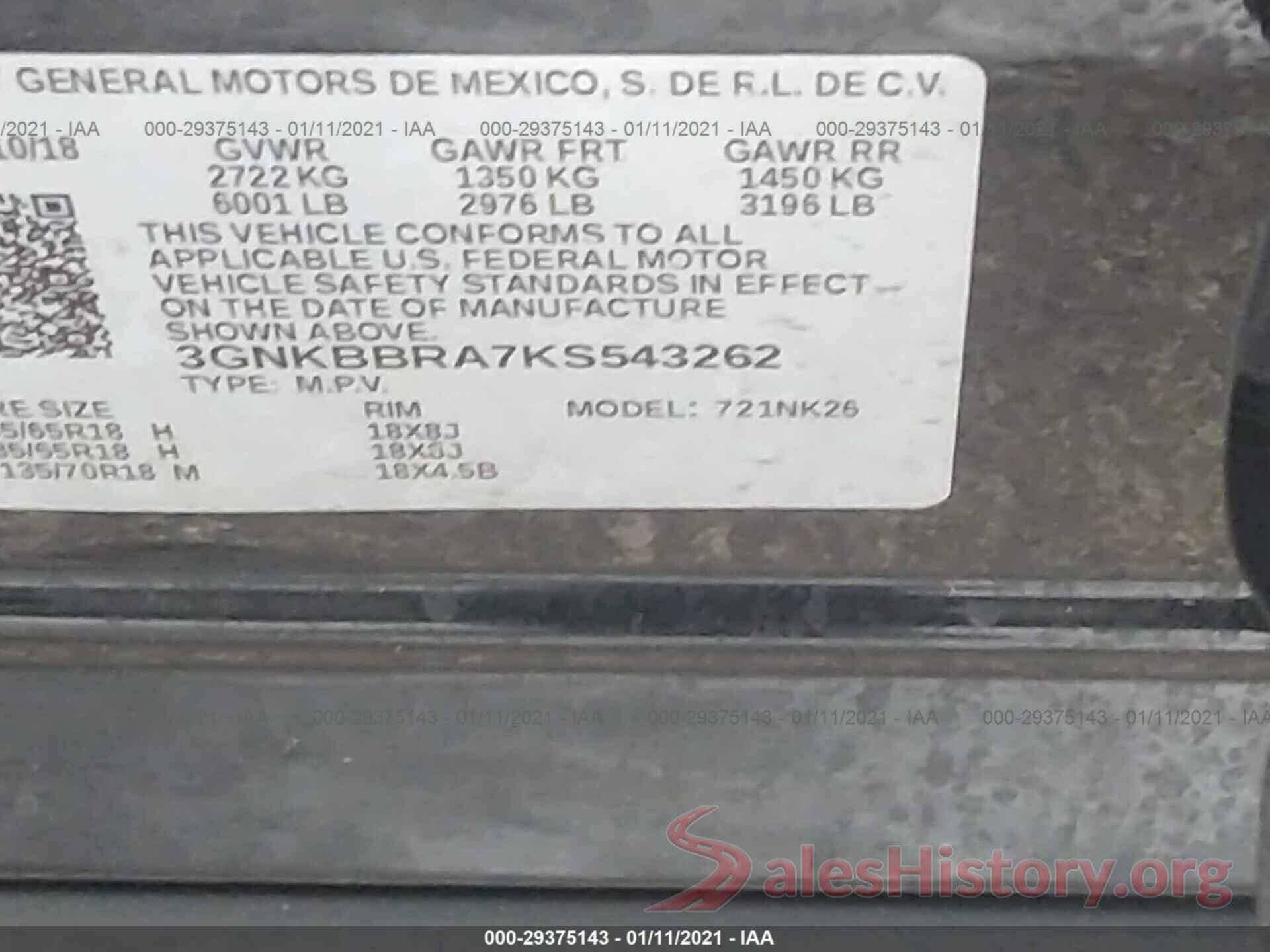 3GNKBBRA7KS543262 2019 CHEVROLET BLAZER