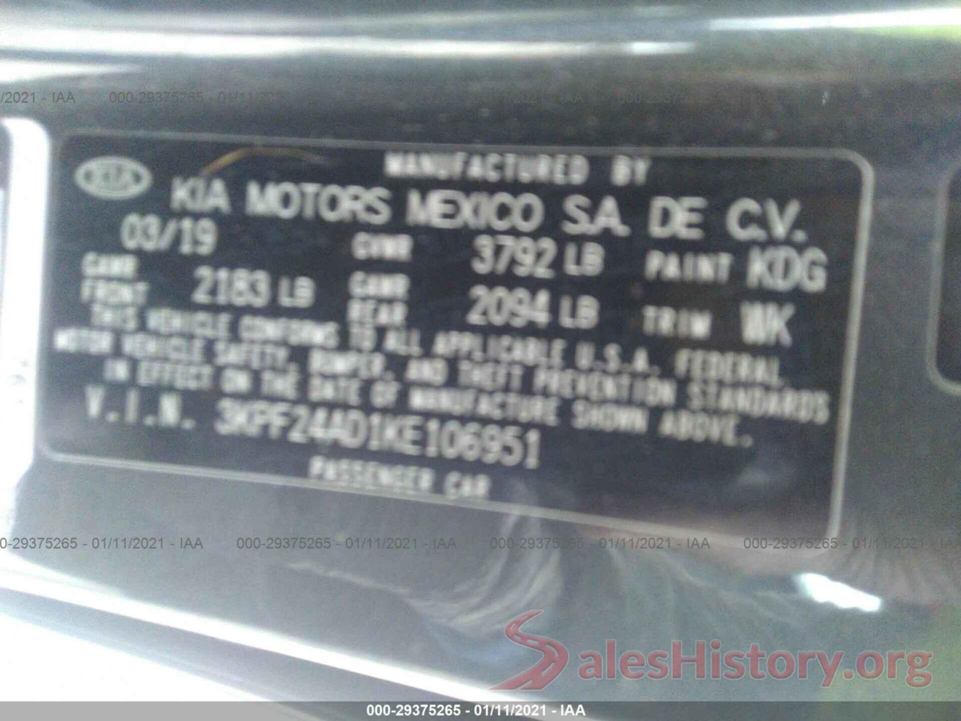 3KPF24AD1KE106951 2019 KIA FORTE