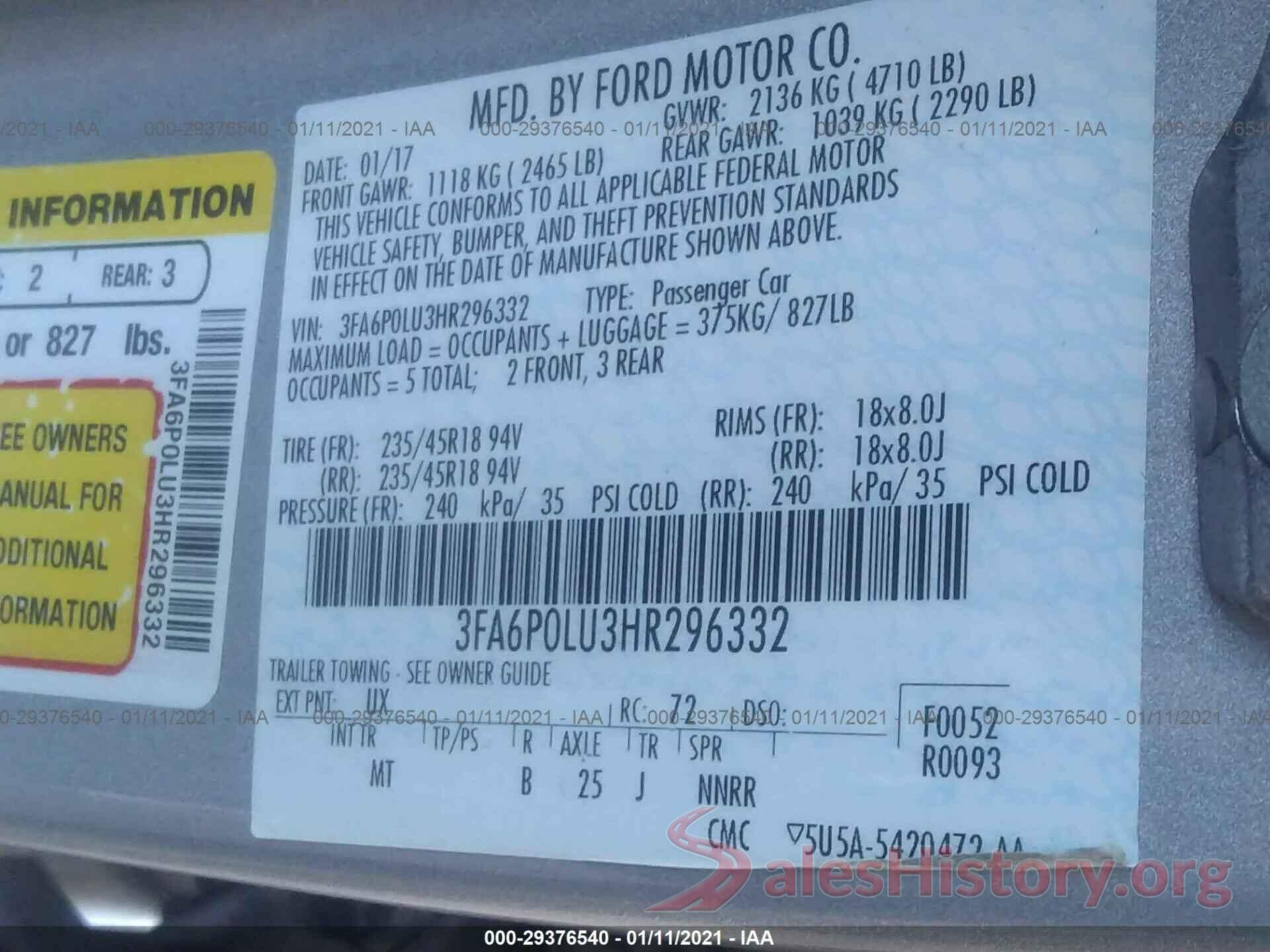 3FA6P0LU3HR296332 2017 FORD FUSION