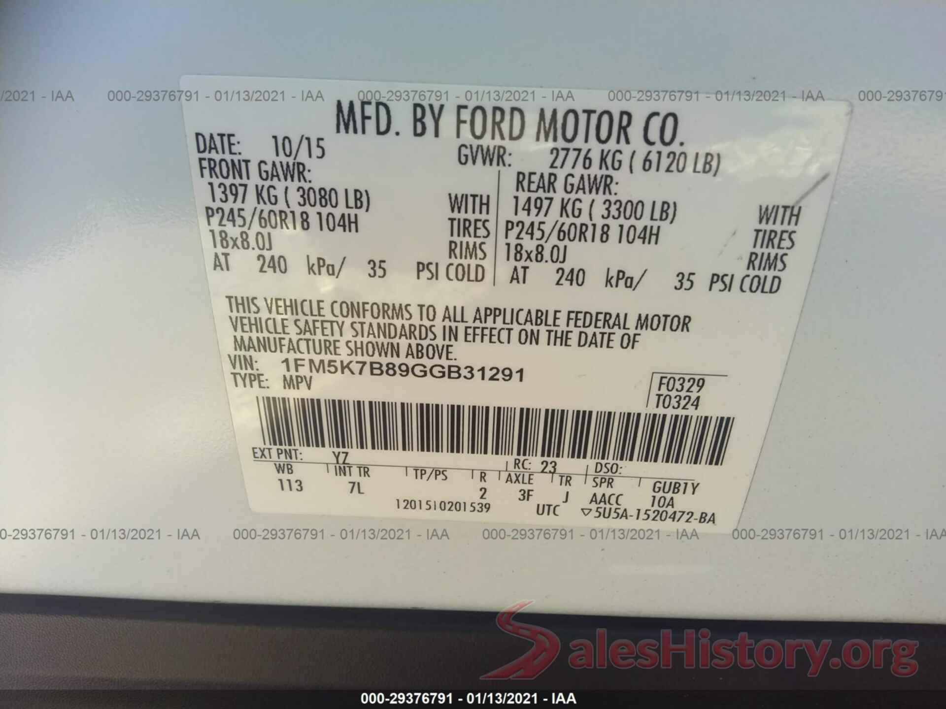 1FM5K7B89GGB31291 2016 FORD EXPLORER