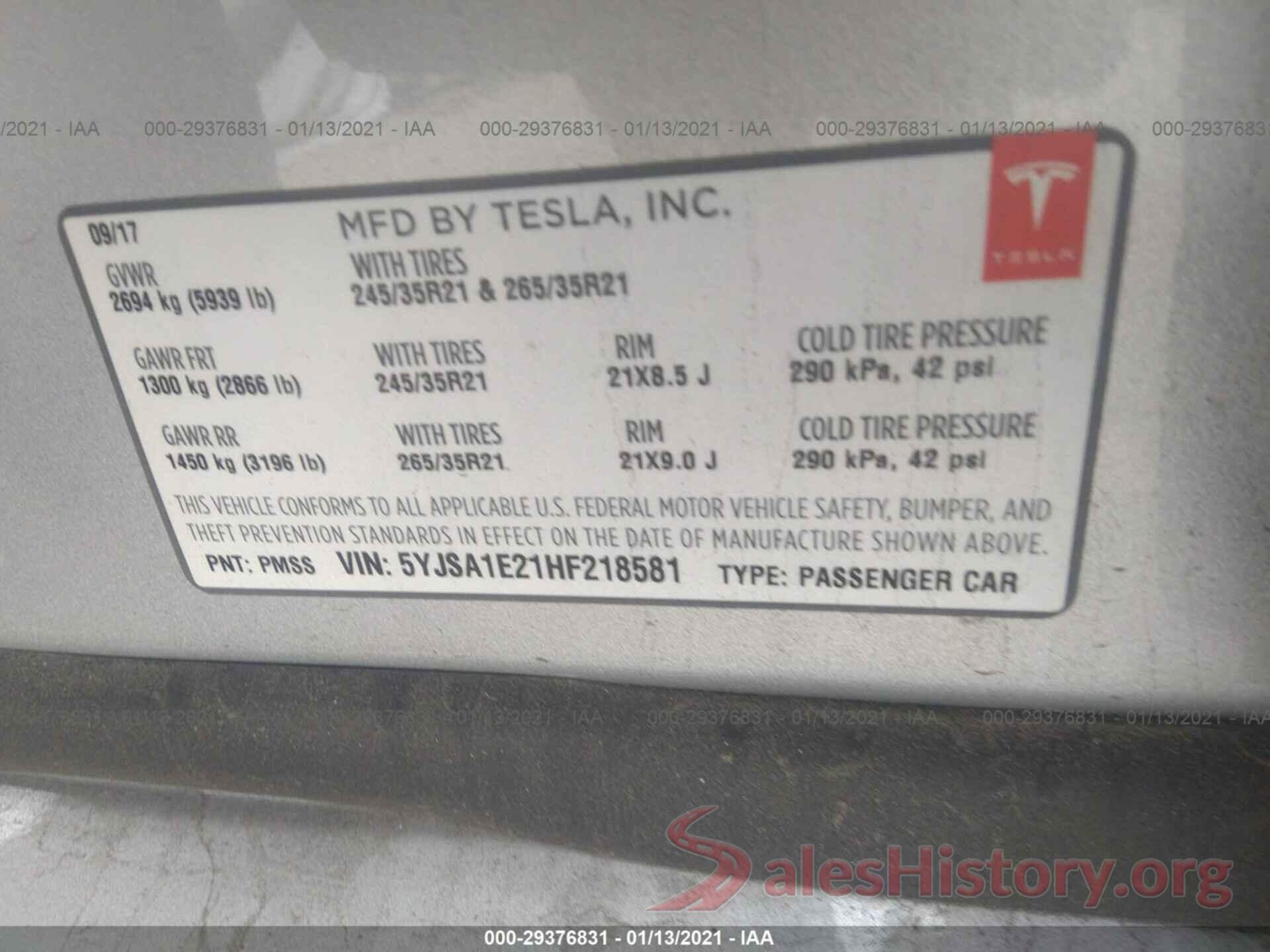 5YJSA1E21HF218581 2017 TESLA MODEL S